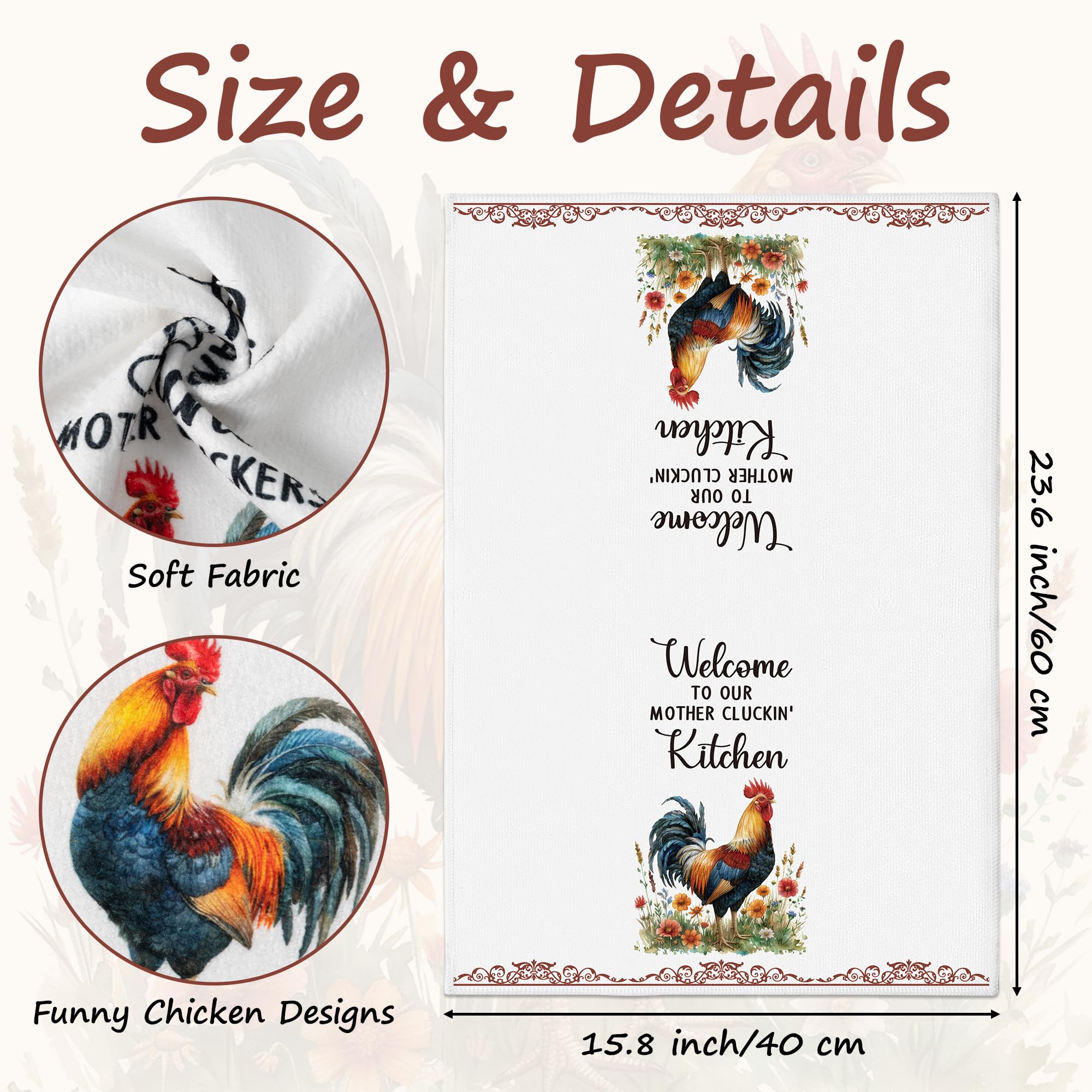 9tilight rooster-pattern towels enhance kitchen decor and absorb spills on counters.