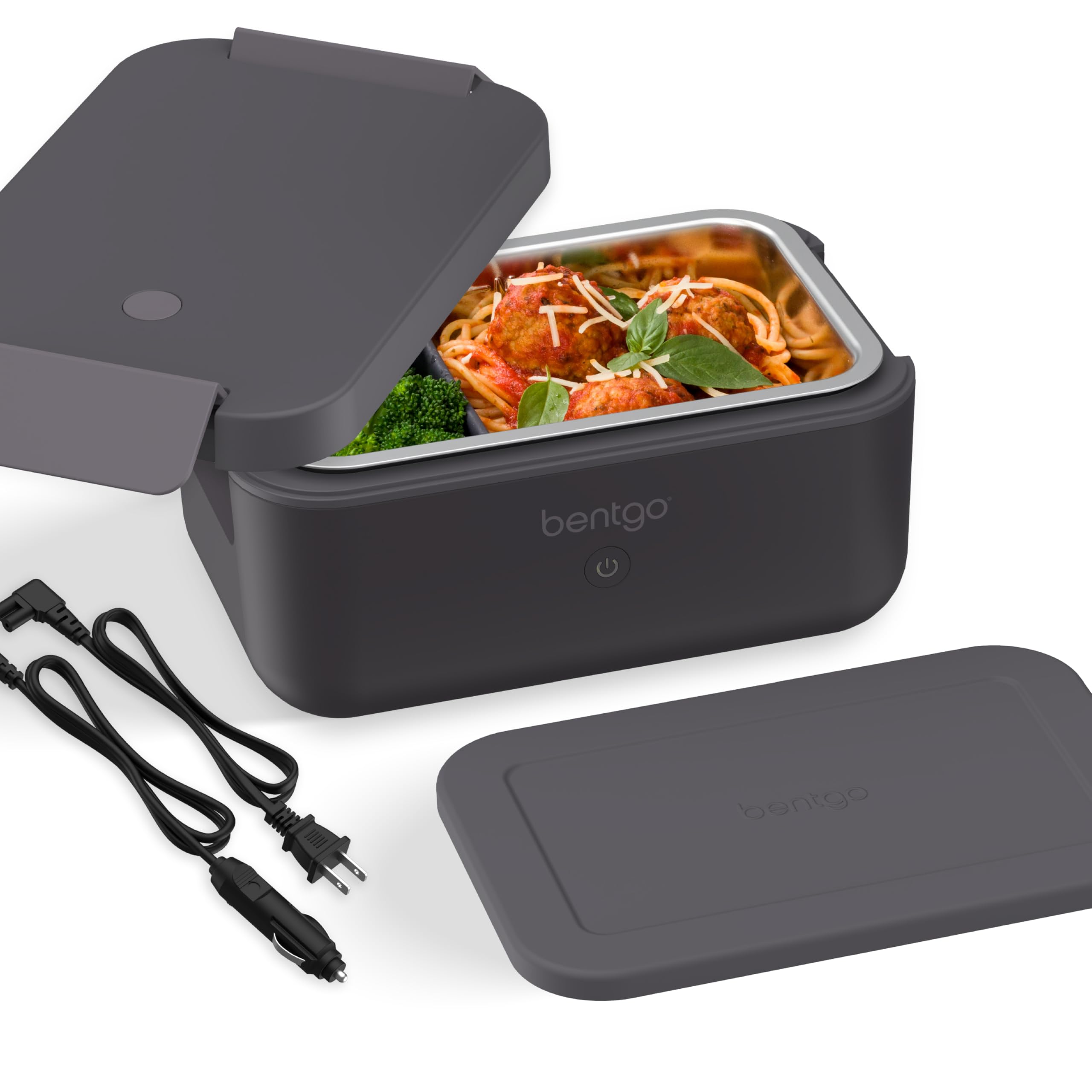 Bentgo Heat lunch box plugged into a wall for fast on-site warming.