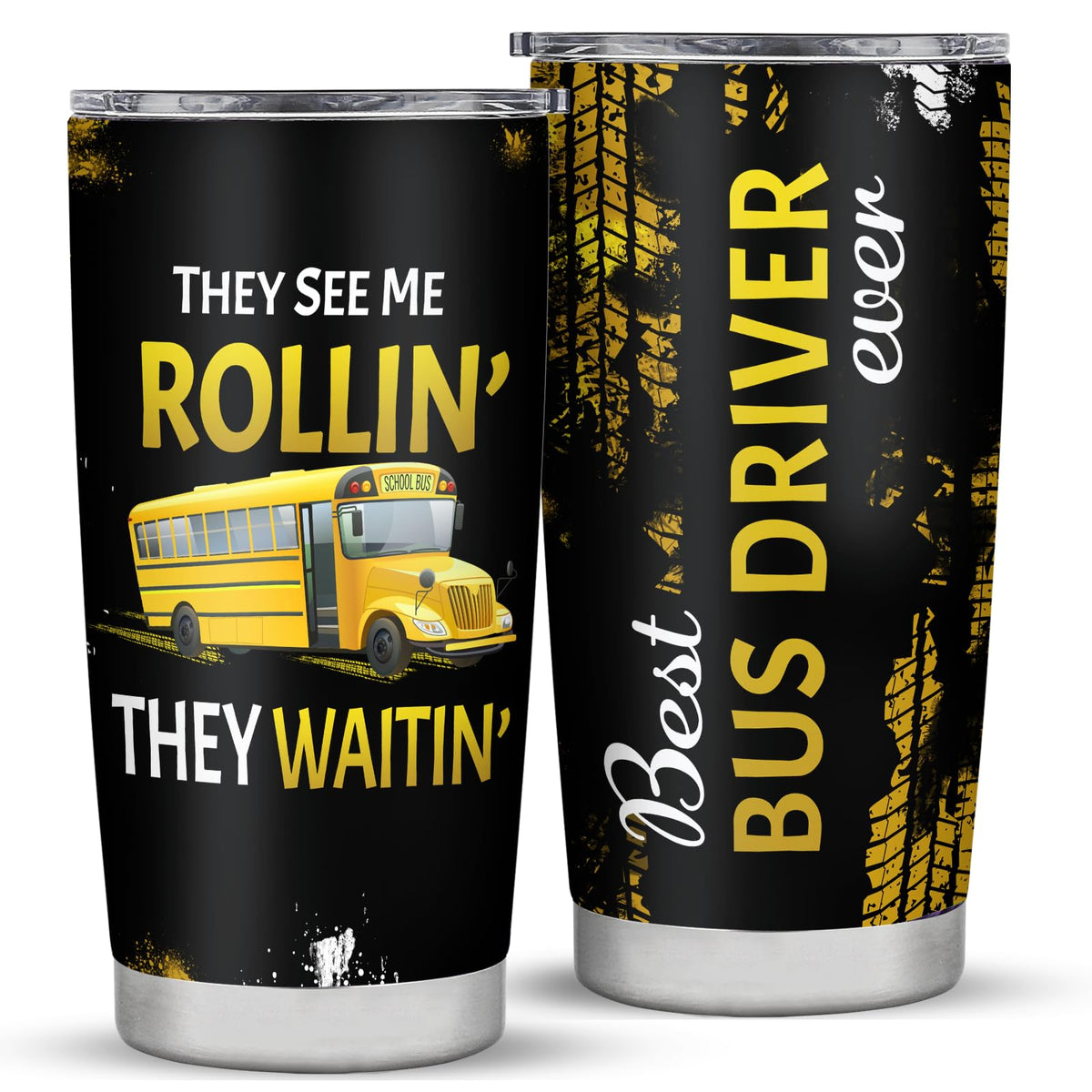Grawmise school bus driver tumbler front view keeps beverages at the right temperature.