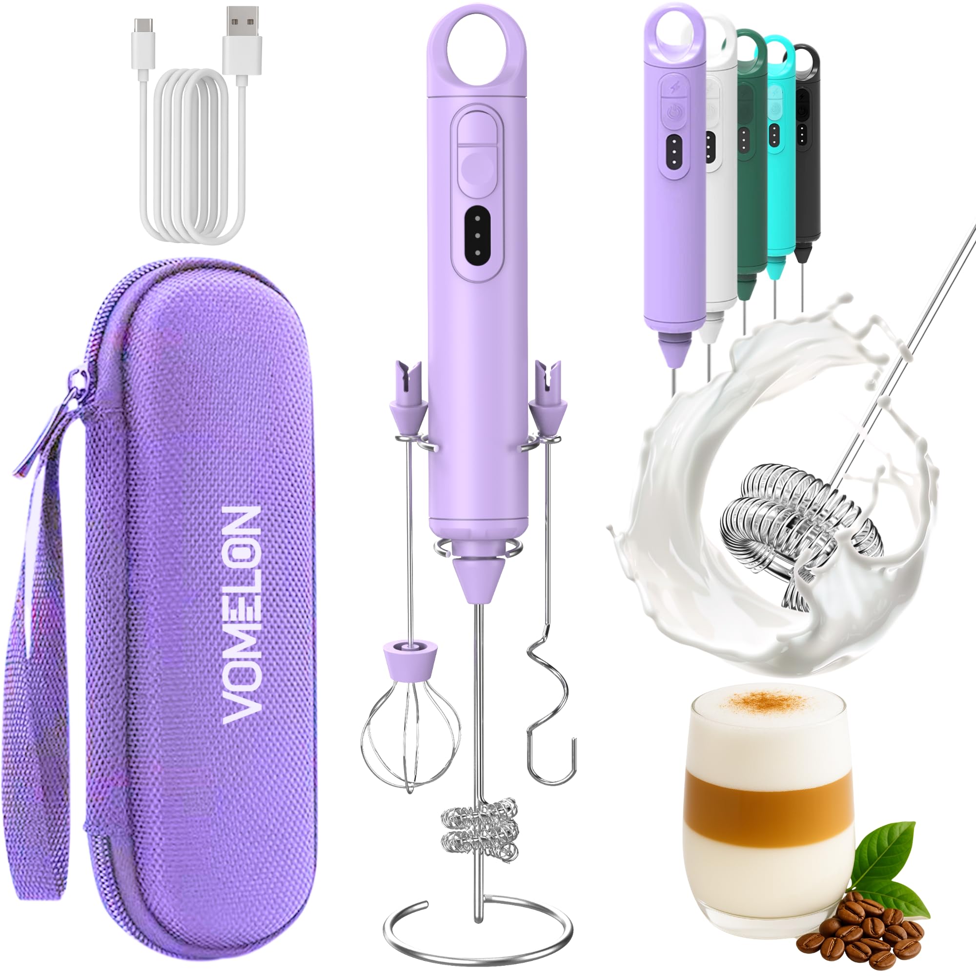 VOMELON handheld frother with three speeds for cafe-quality foam at home.