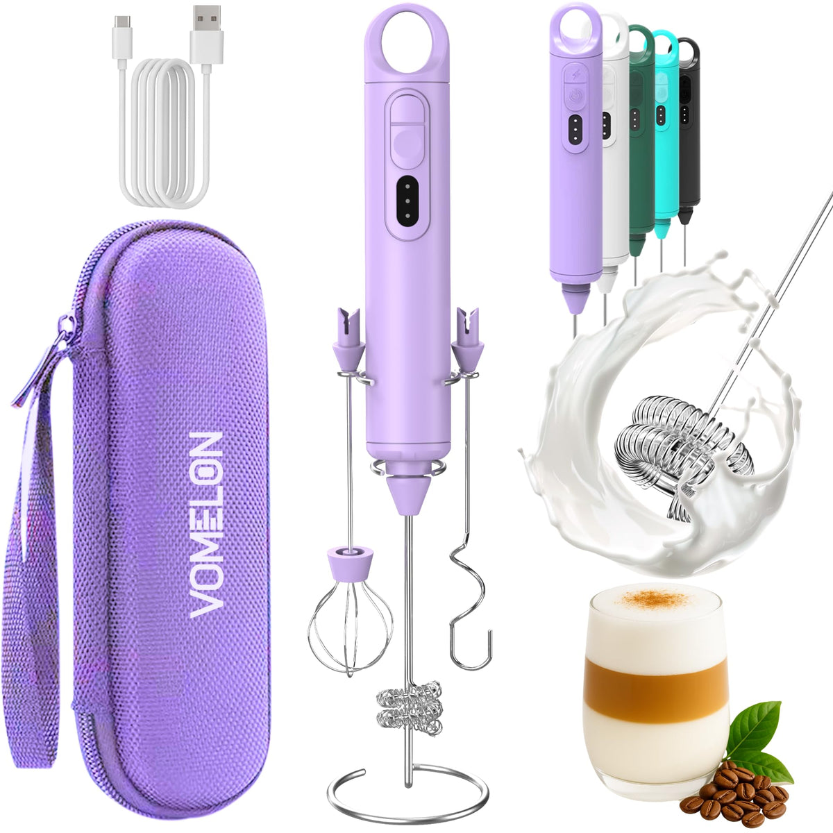 VOMELON handheld frother with three speeds for cafe-quality foam at home.