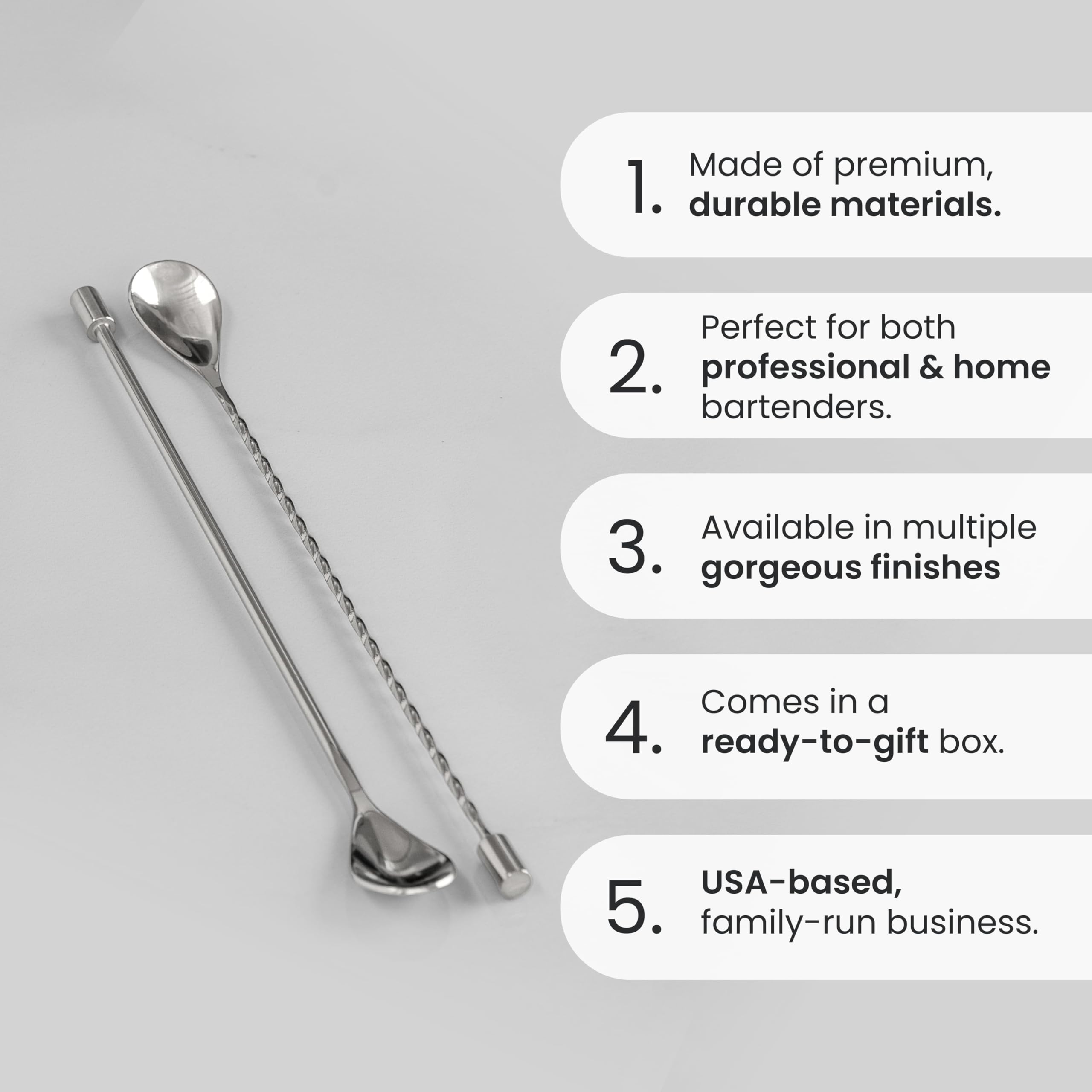 A Bar Above bar spoon set with smooth handle for quick mixing.