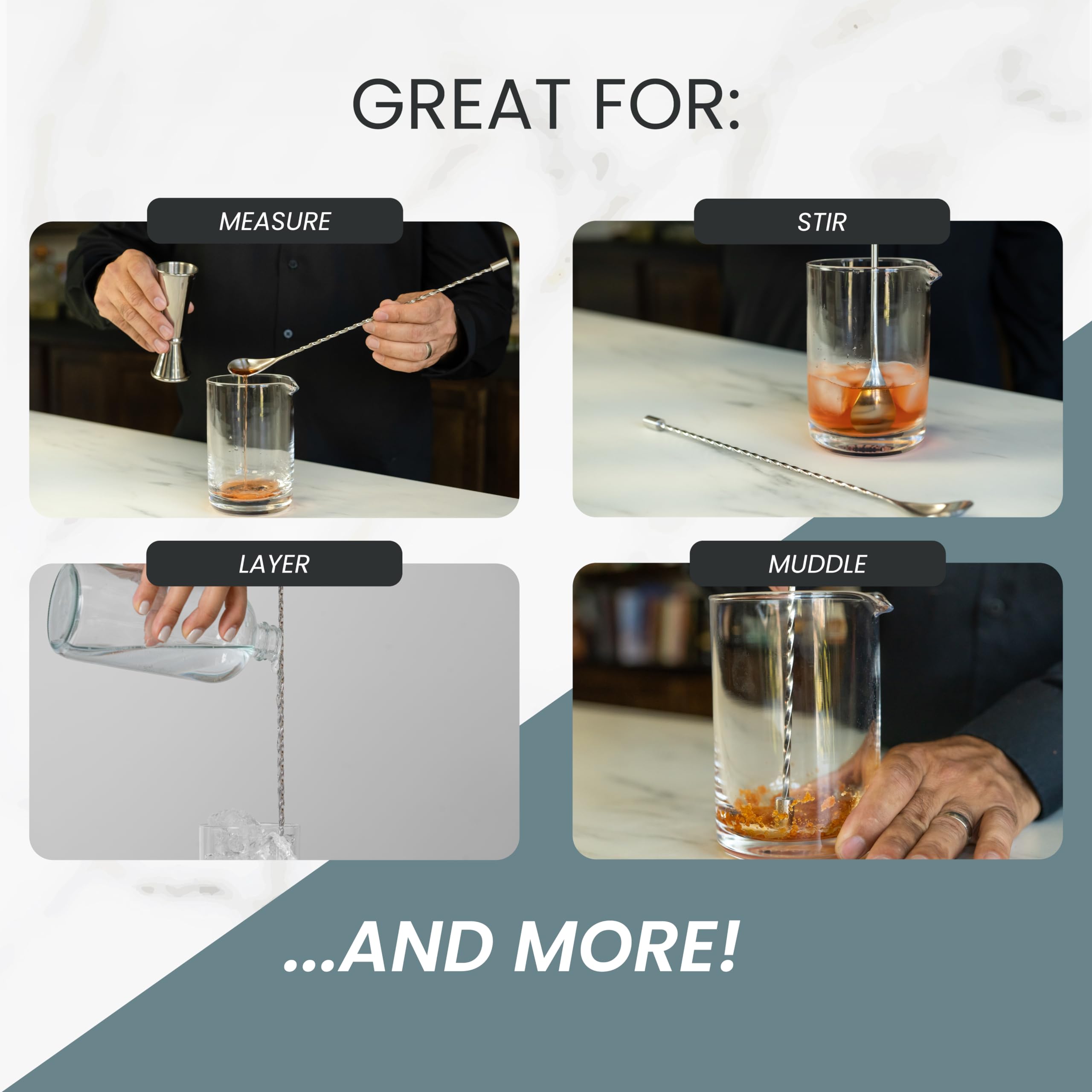 A Bar Above bar spoon set with smooth handle enables effortless, steady mixing.