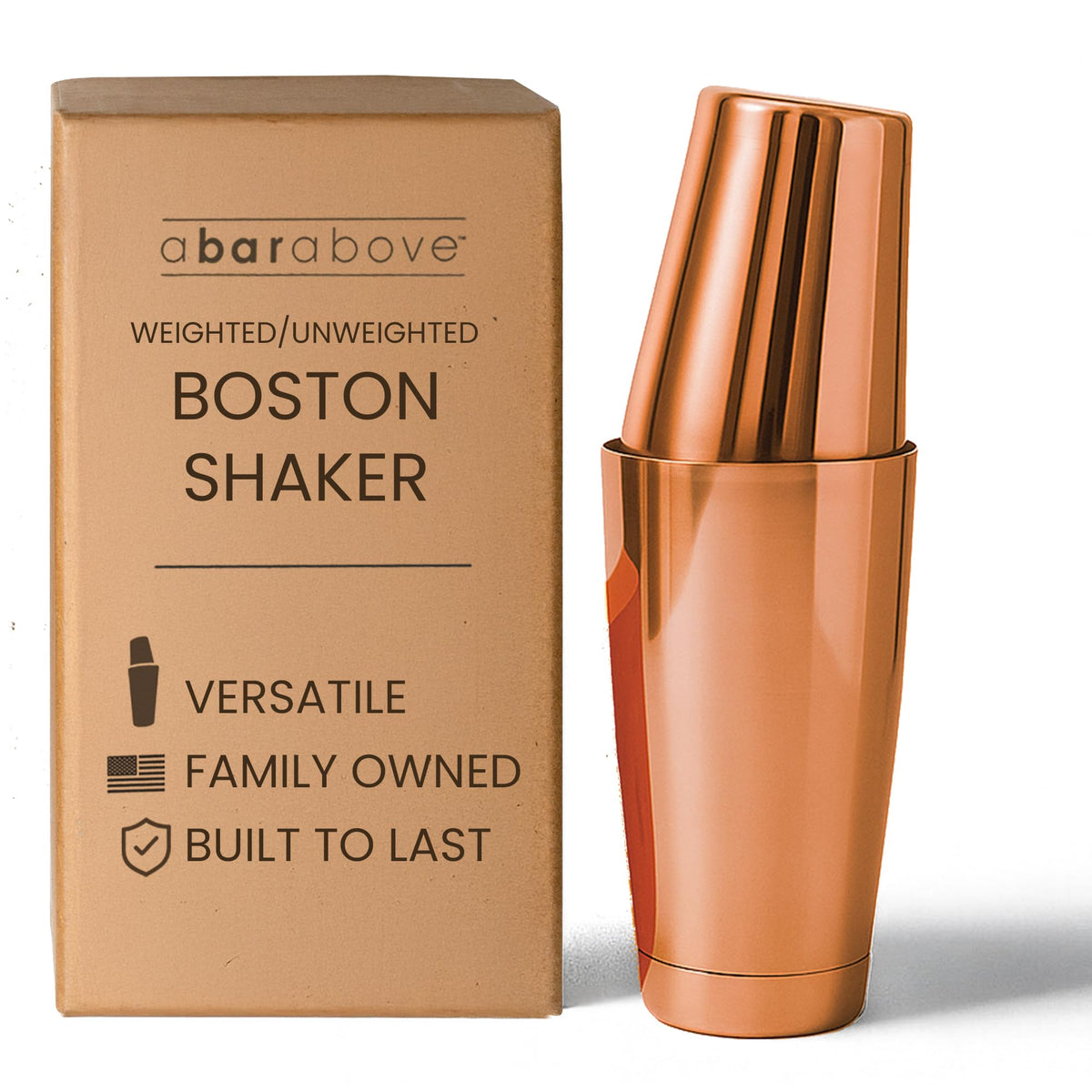 A Bar Above 18 oz Boston shaker front view highlighting professional-grade stainless steel