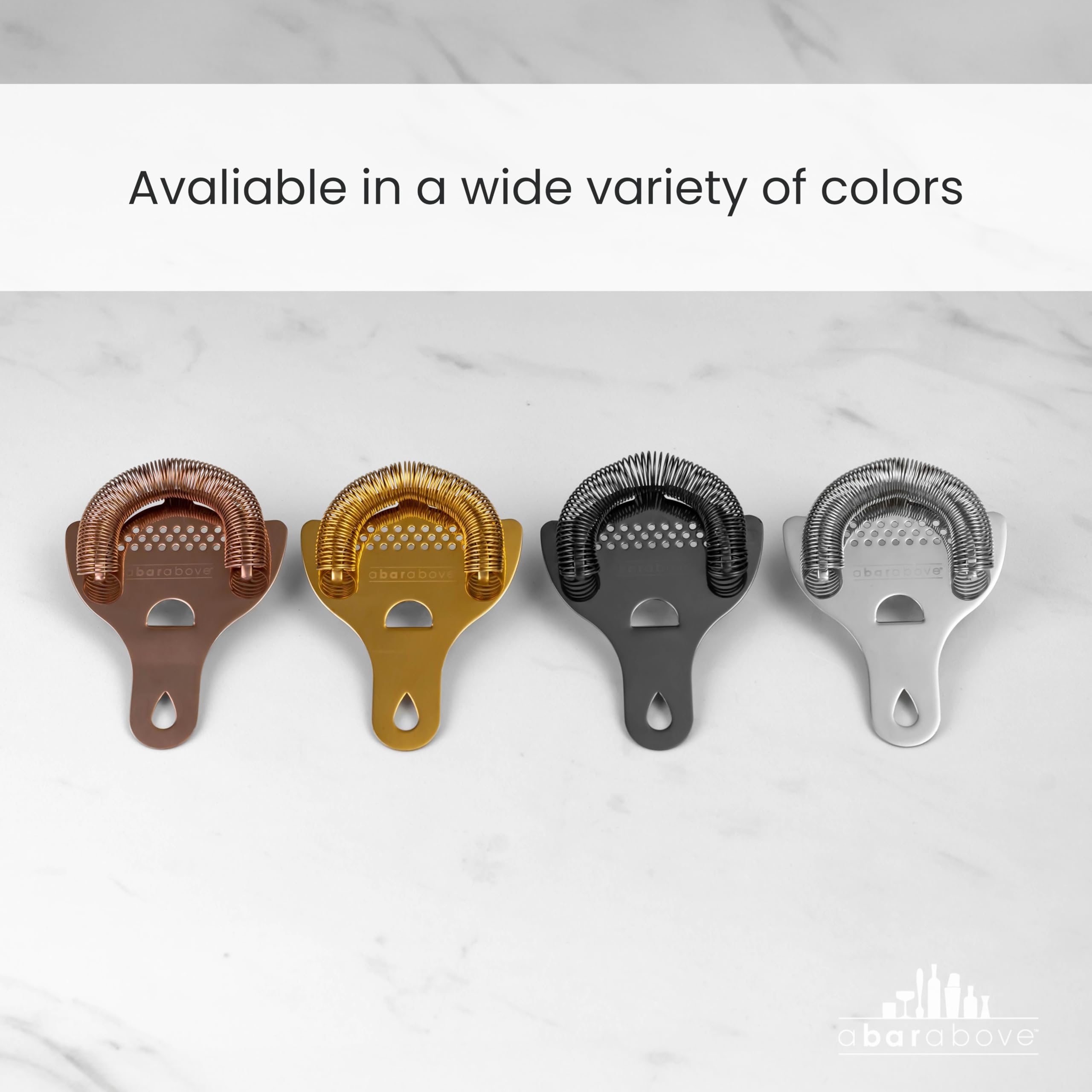 A Bar Above Hawthorne strainer with ergonomic cut-away design reduces hand fatigue.