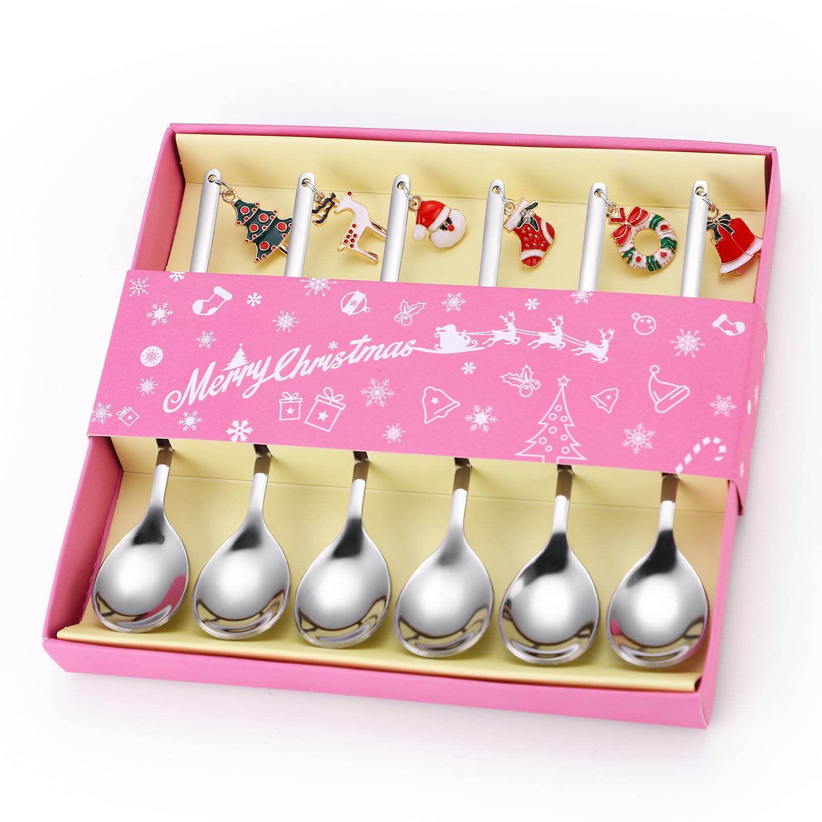 A · HOUSEWARE dessert spoons with Christmas pendants for festive table setting.