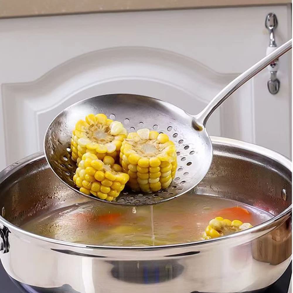 A · HOUSEWARE skimmer with a long hollow handle for safe lifting from hot liquids