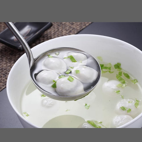 A · HOUSEWARE long handle provides a comfortable grip for large portions.