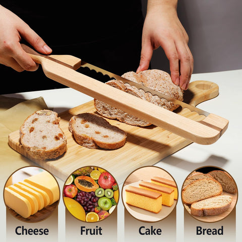 AAEJE ergonomic bow-handle improves comfort during bread slicing.