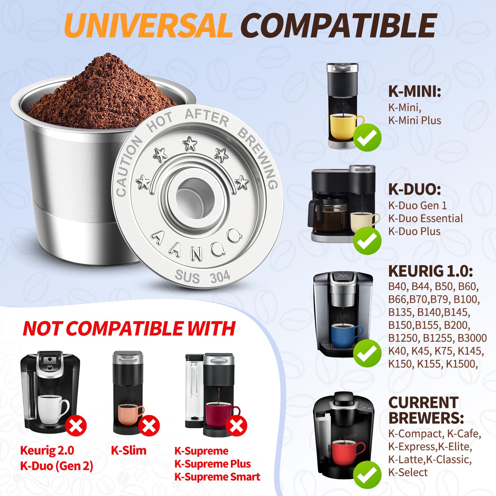 AANQQ stainless-steel K-cup mesh ensures even extraction and full flavor.