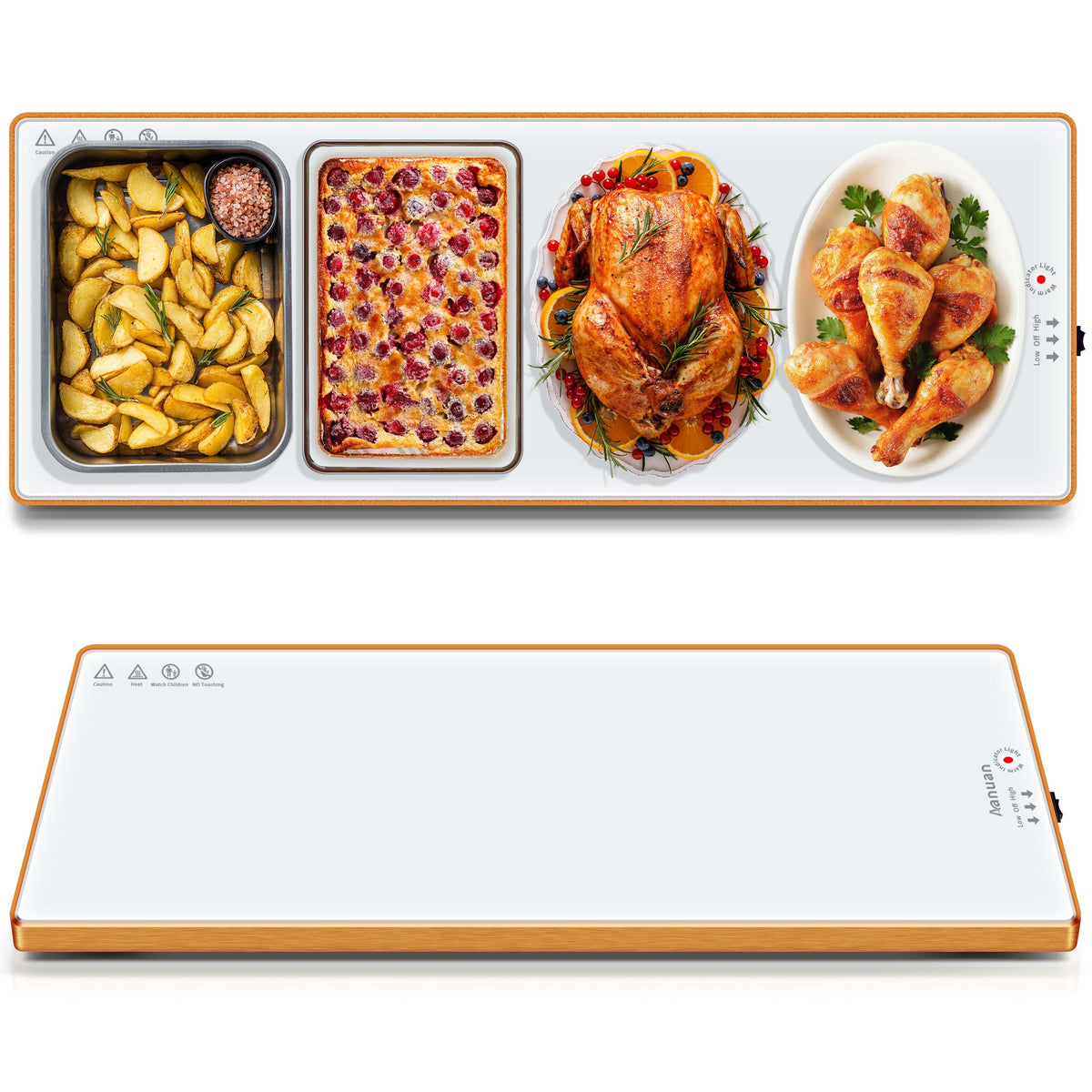 Aanuan warming tray on buffet table with 32x12 layout for even heat distribution.
