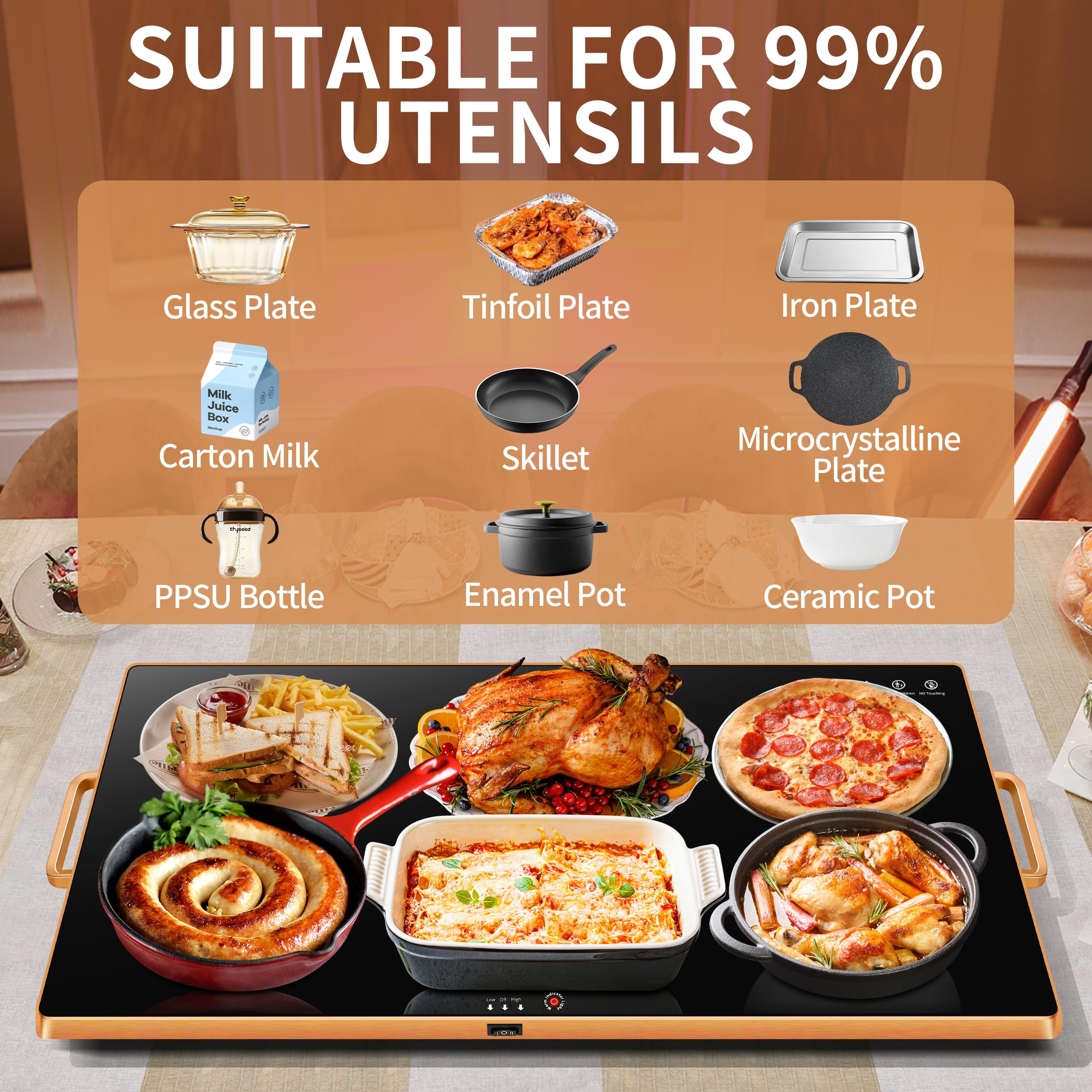 Aanuan warming tray full surface heating delivers consistent warmth for multiple dishes.