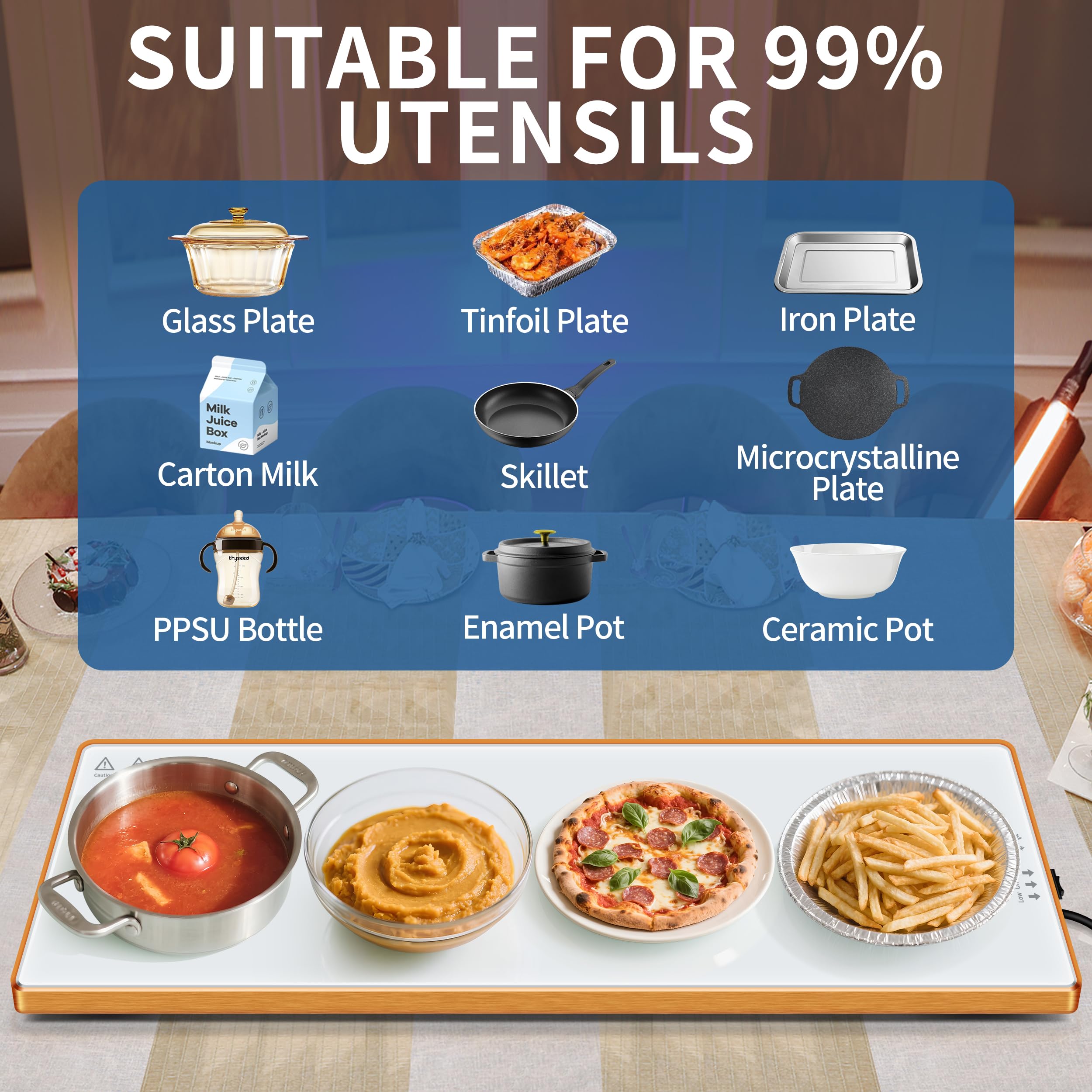 Safe and stable warming mat with non-slip feet protects tabletops.