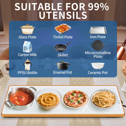 Safe and stable warming mat with non-slip feet protects tabletops.