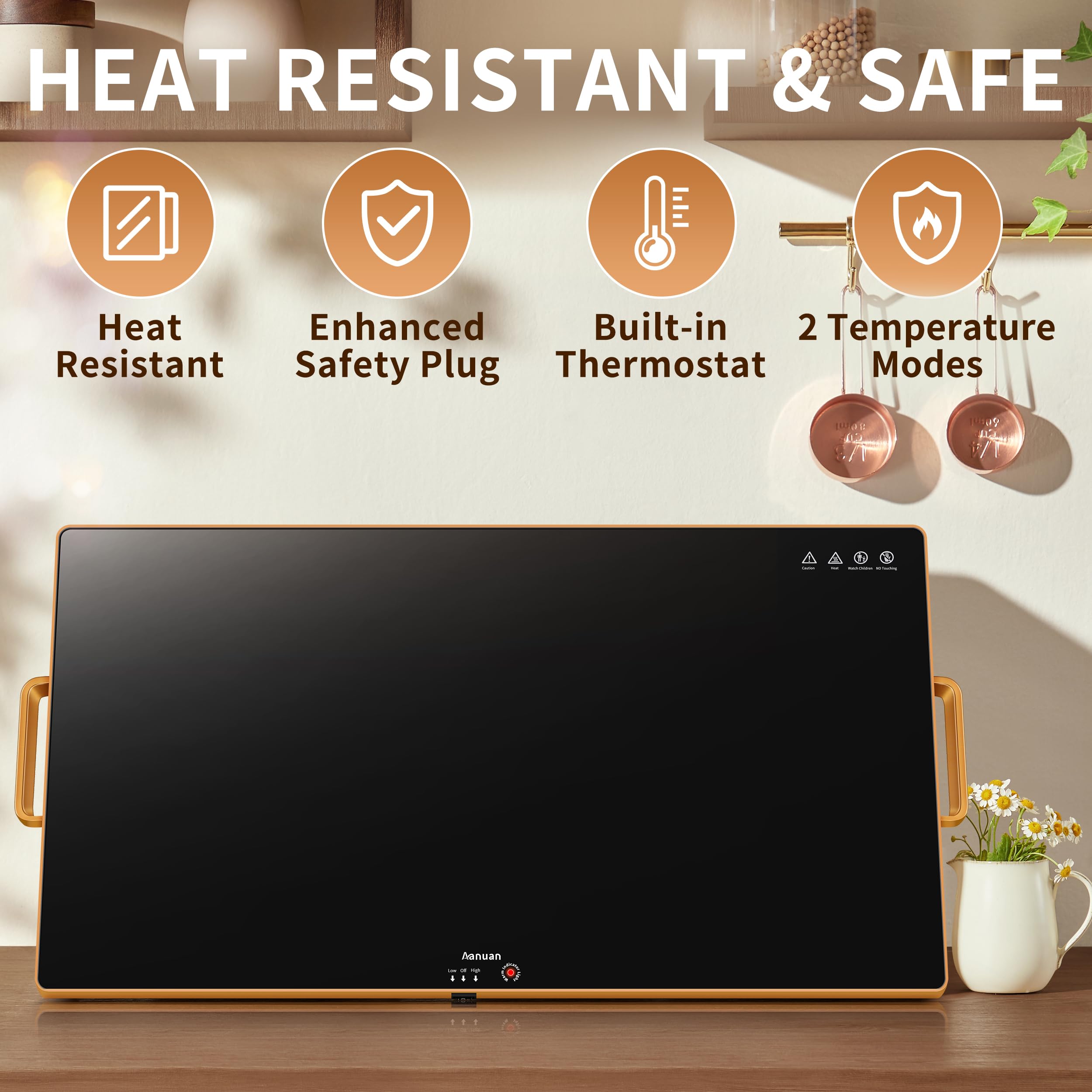 Aanuan warming tray thermostat enables precise temperature control for versatile use.