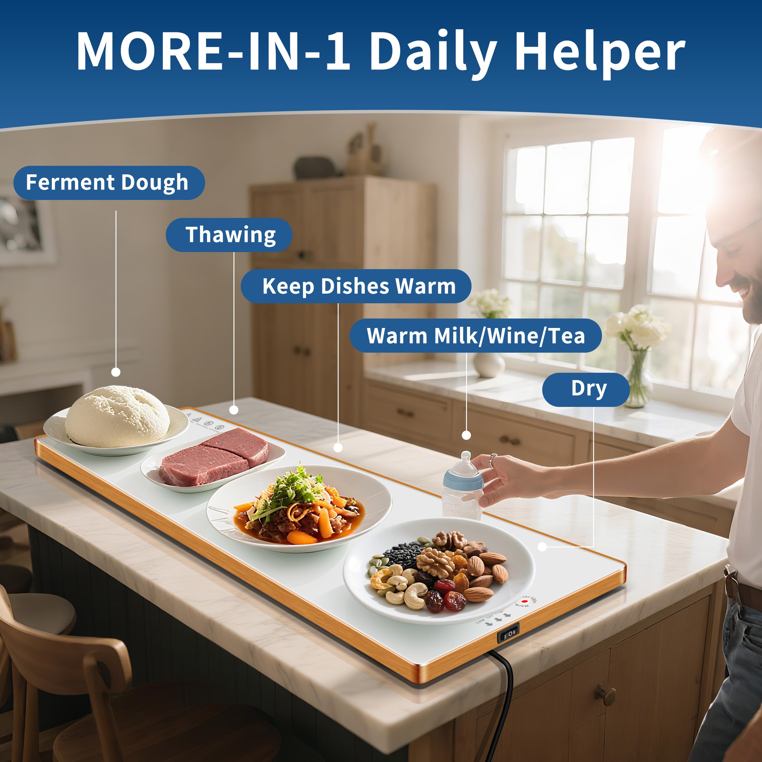 Thermostat-controlled warming tray keeps dishes at a chosen temperature.
