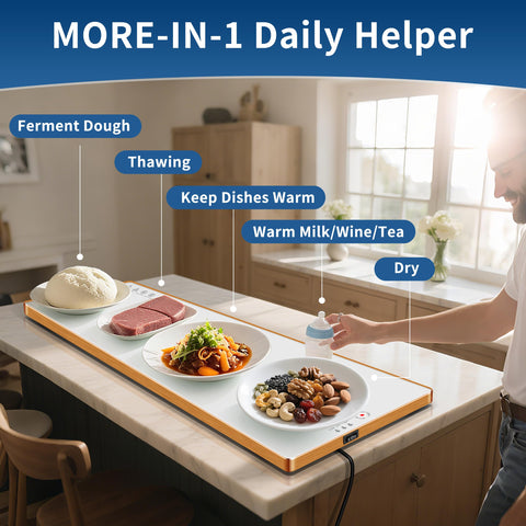 Thermostat-controlled warming tray keeps dishes at a chosen temperature.