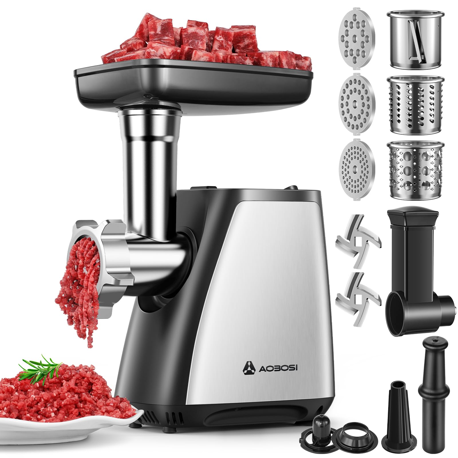 AAOBOSI meat grinder front view shows a sturdy stainless steel housing for home use.