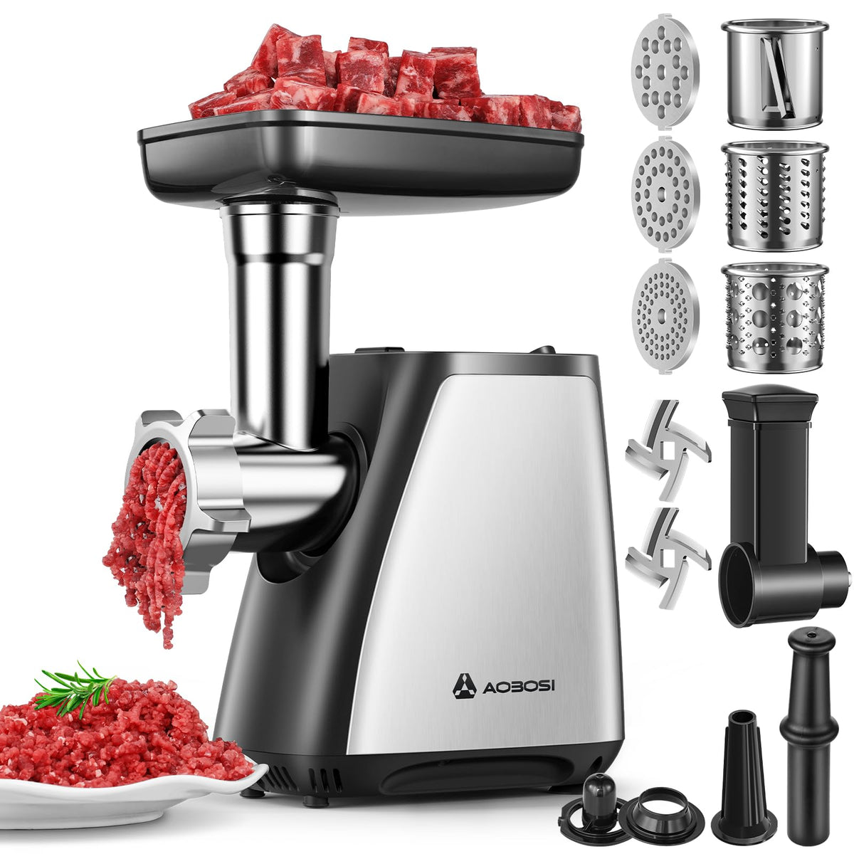 AAOBOSI meat grinder front view shows a sturdy stainless steel housing for home use.