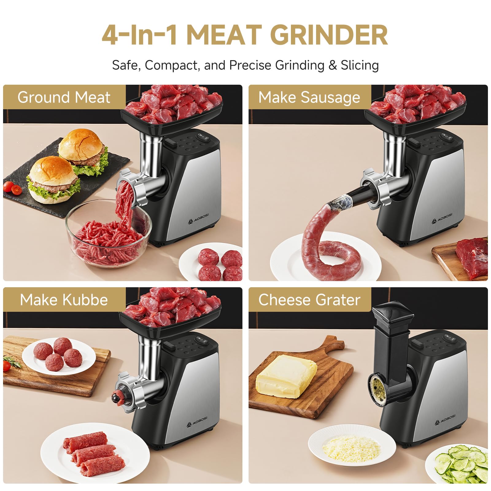 AAOBOSI meat grinder hopper loading demonstrates easy feeding for efficient grinding.