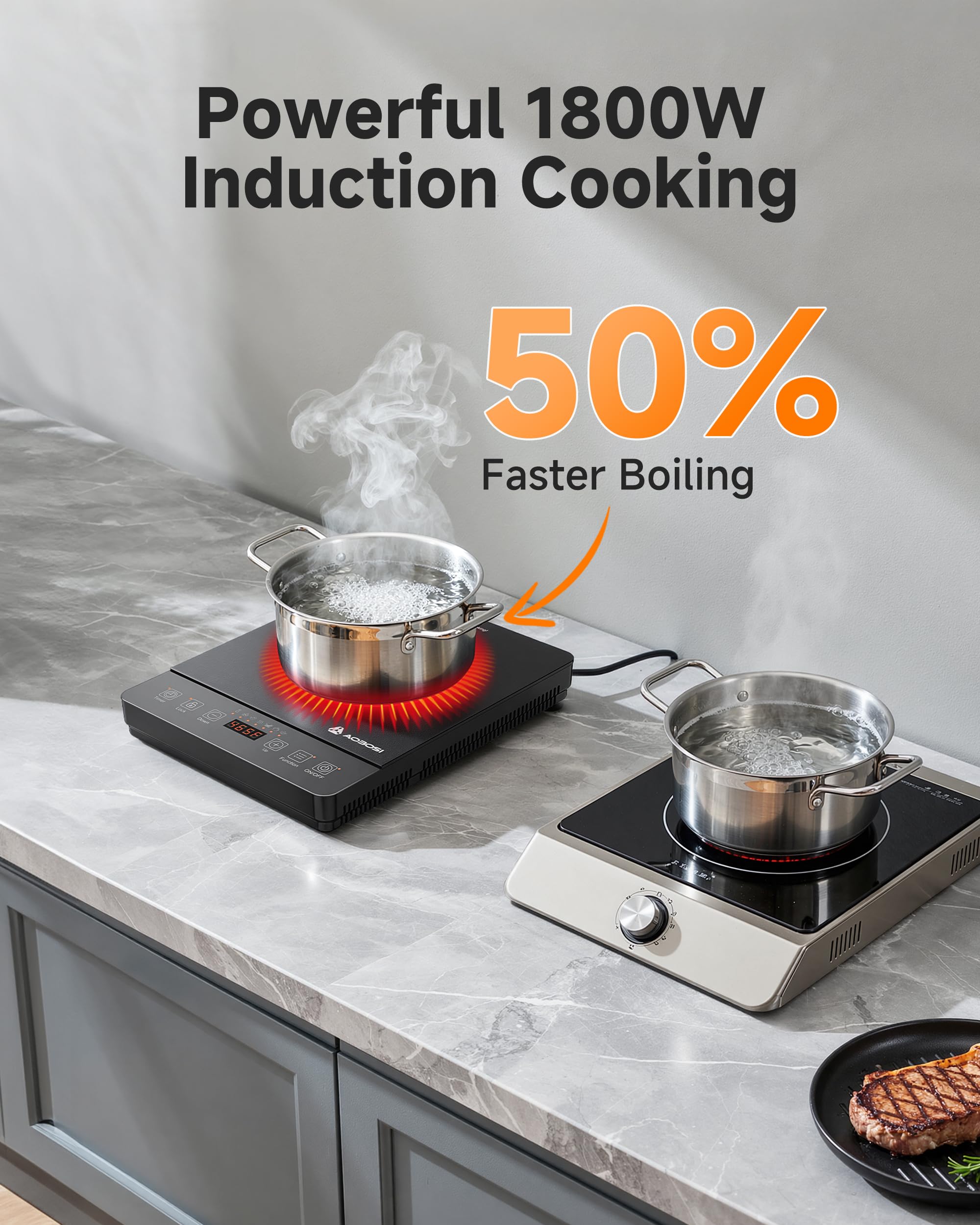 AAOBOSI portable induction cooktop boil mode demonstrates quick presets for meals