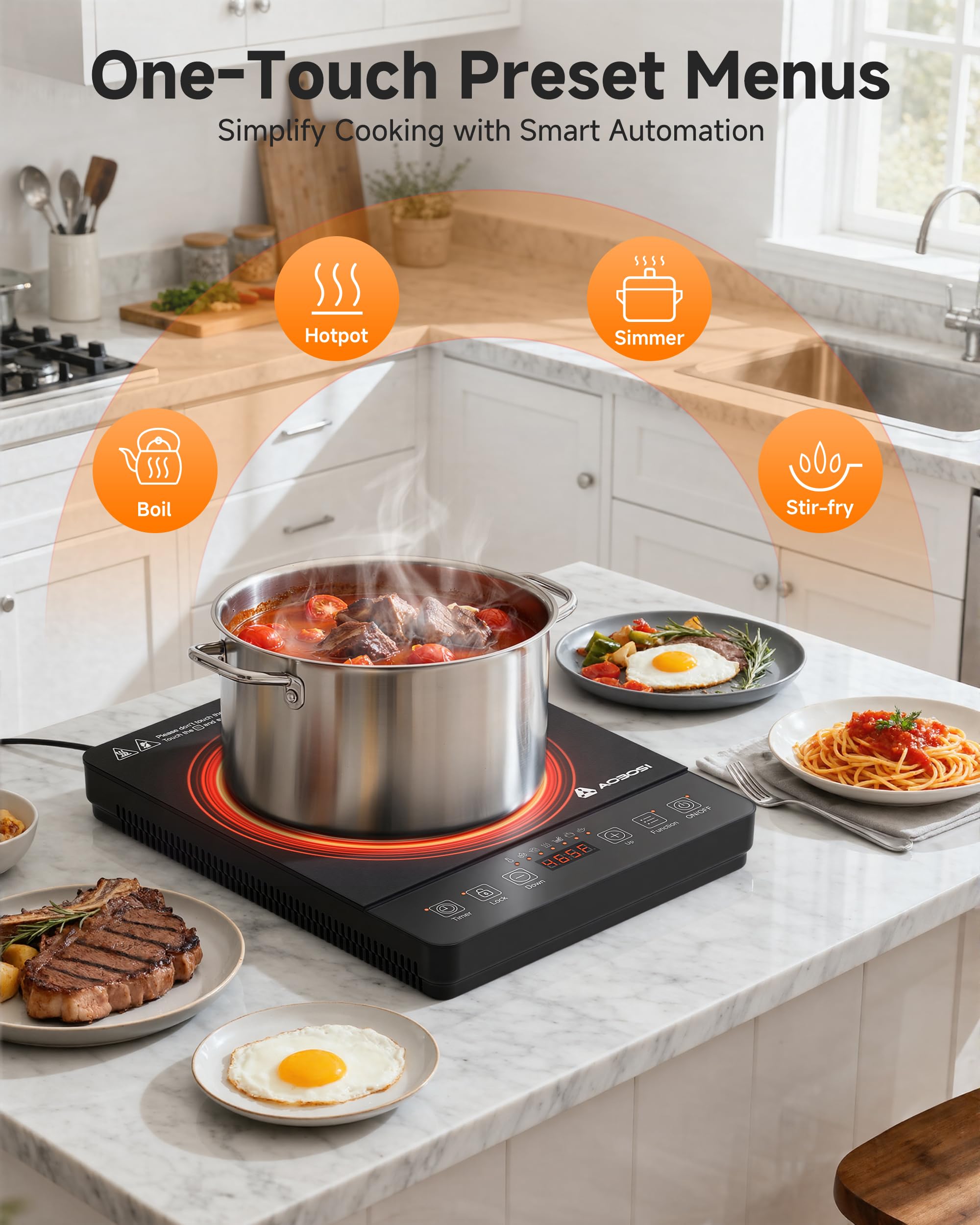 AAOBOSI portable induction cooktop control panel demonstrates precise power and temperature control