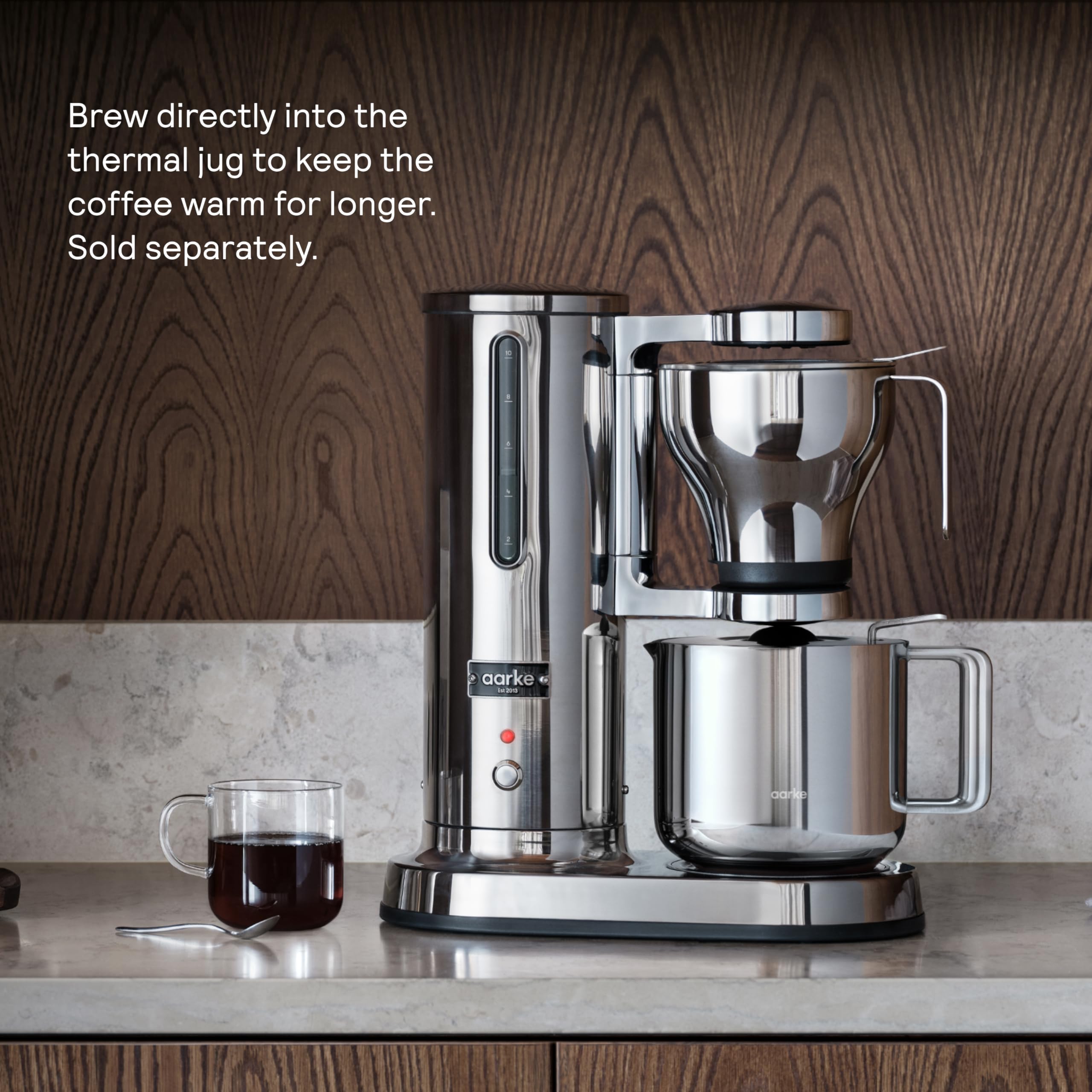 Aarke complete brewing solution includes carafe, spoon, basket, and cloth.