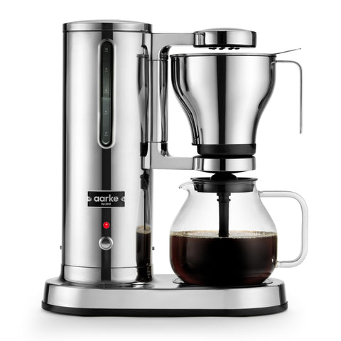 Aarke coffee maker front view shows a sleek stainless steel design for modern kitchens.