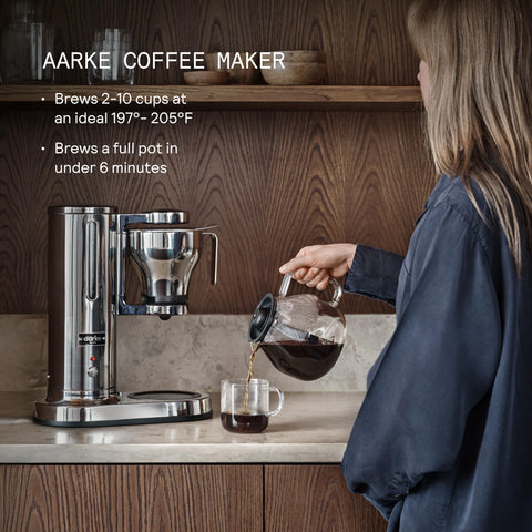 Aarke coffee maker with glass carafe for a clear pot and full 10-cup brew.