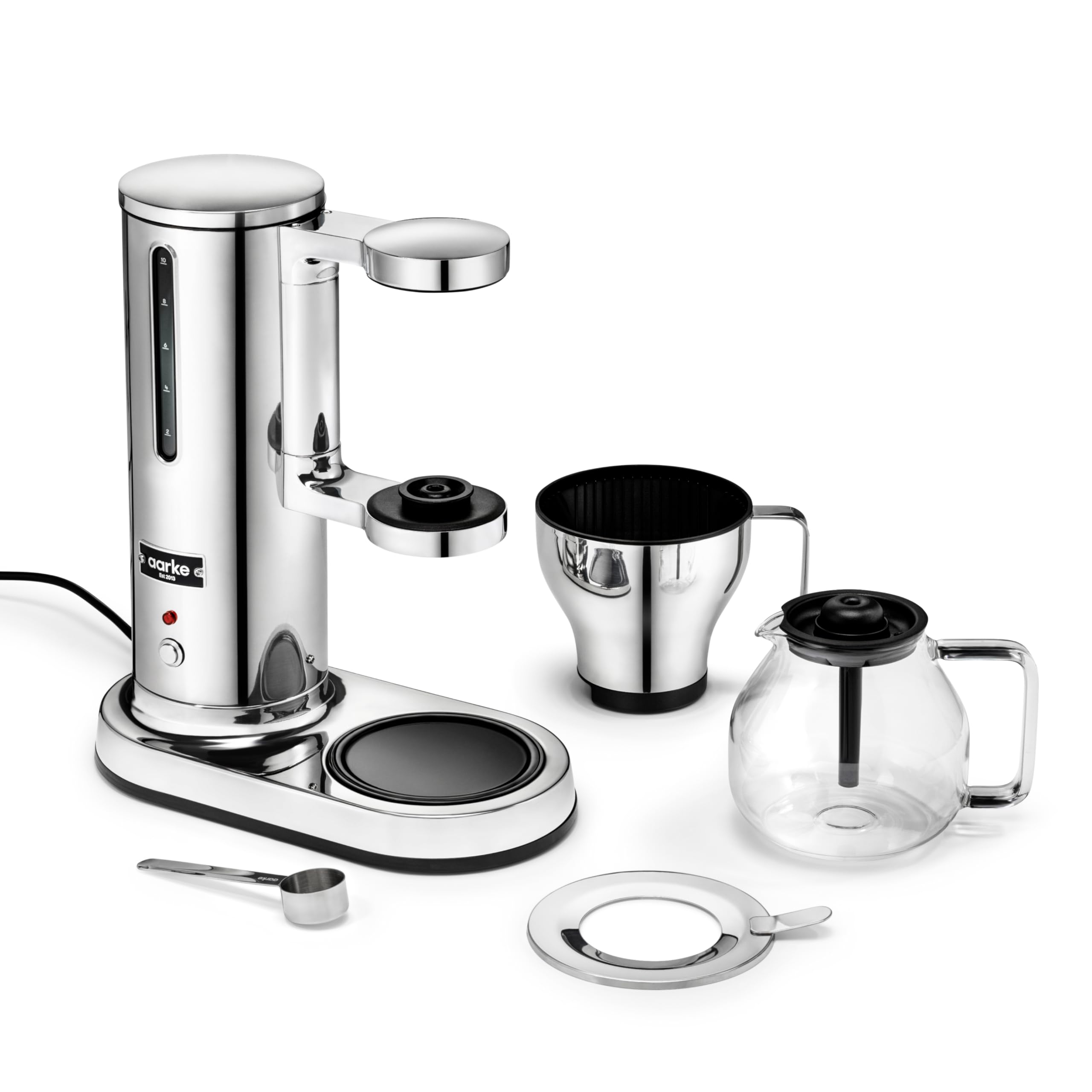 Aarke coffee maker top view highlights compact footprint and premium construction.