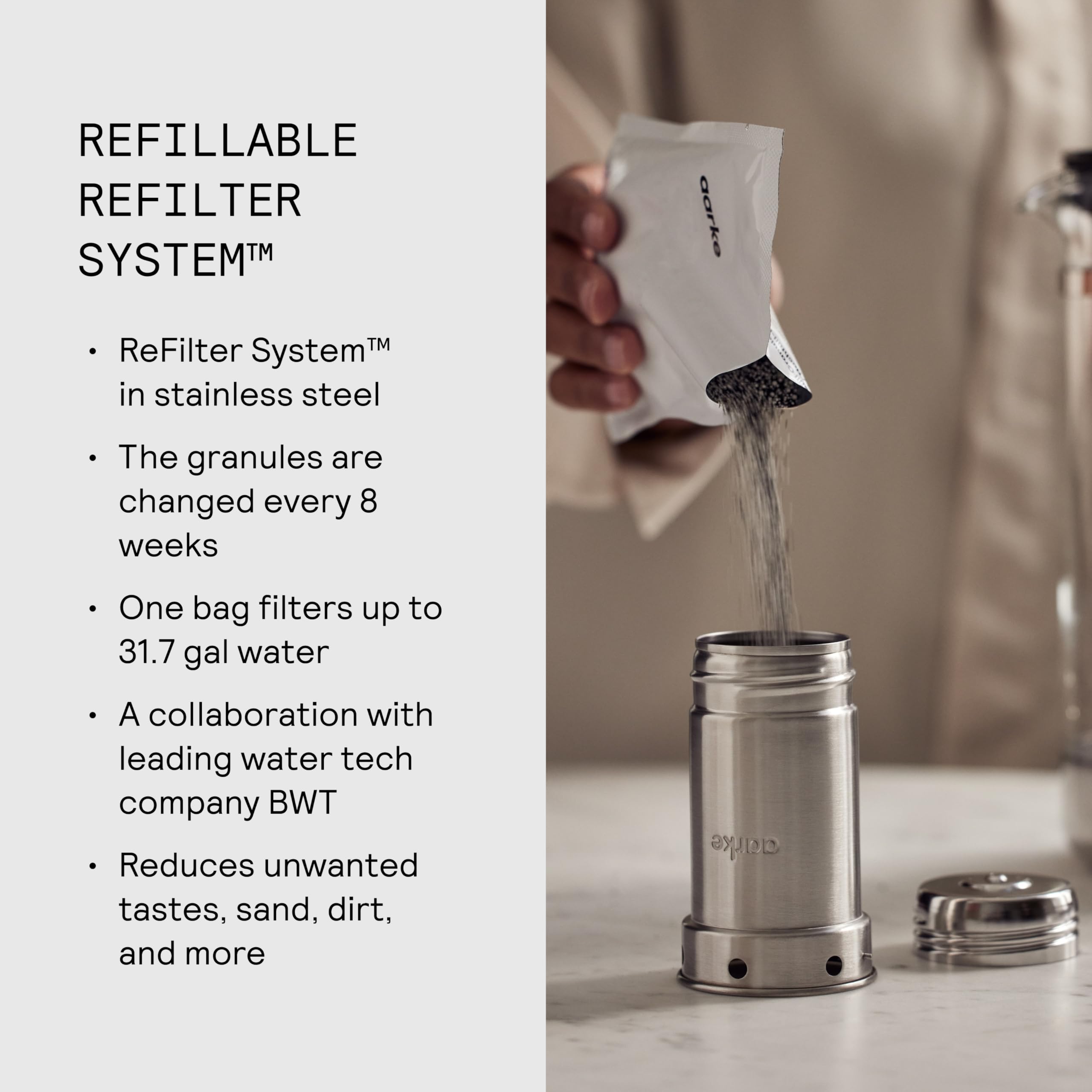 Aarke complete set includes carafe, lid, bumper, filters, manual, and cloth.