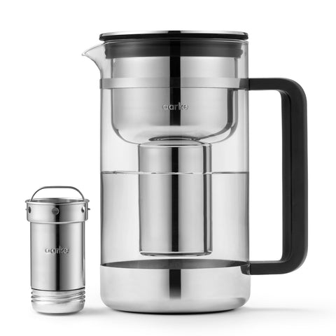 Aarke Purifier glass carafe and filter cartridge deliver clean-tasting water with stylish design.