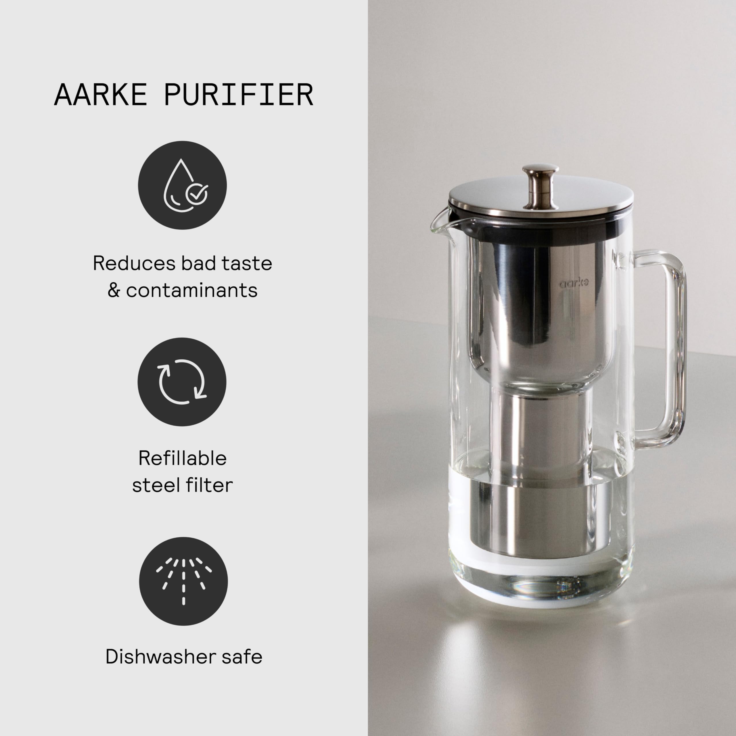Aarke Purifier pure filter refill grains reduce chlorine and limescale.