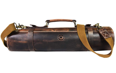 Aaron Leather Knife Roll in brown leather keeps knives secure during travel