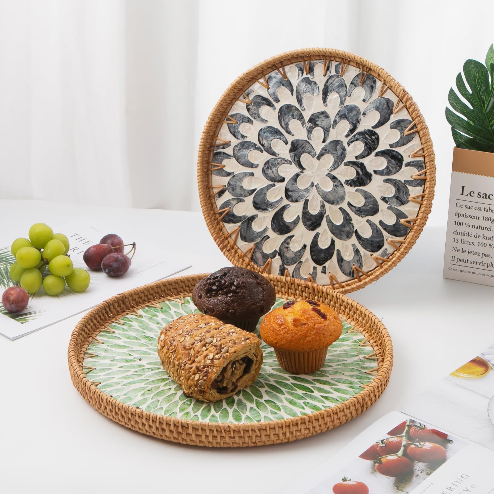 Pearl-inlaid rattan tray combines function with art for wall or tabletop use.