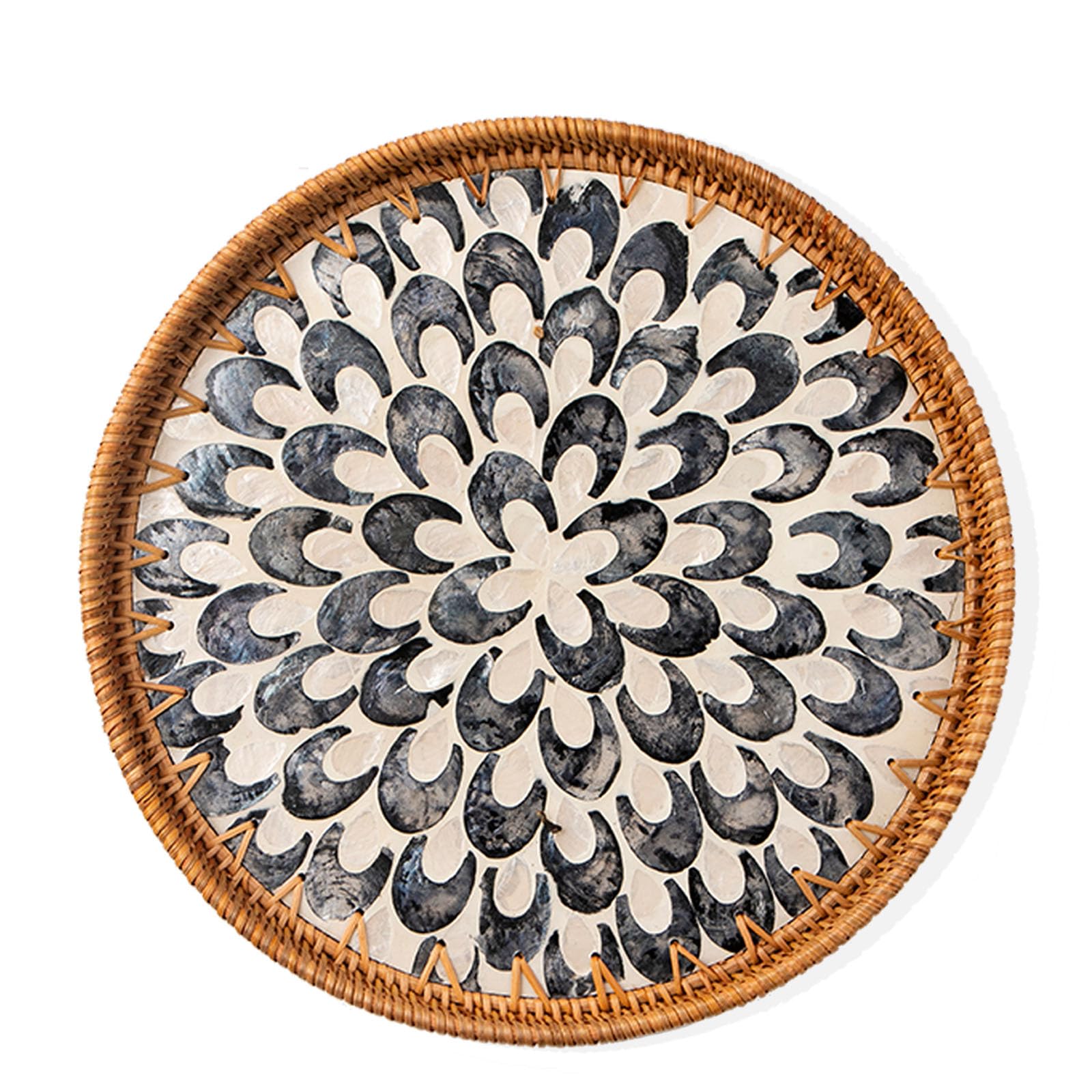 Aayoruro round rattan tray with mother of pearl inlay for elegant fruit and tea service.