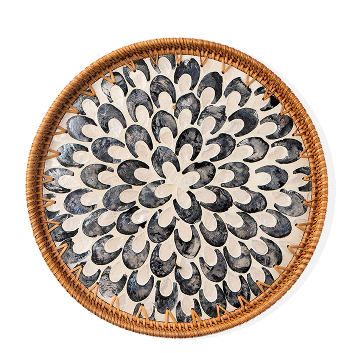 Aayoruro round rattan tray with mother of pearl inlay for elegant fruit and tea service.