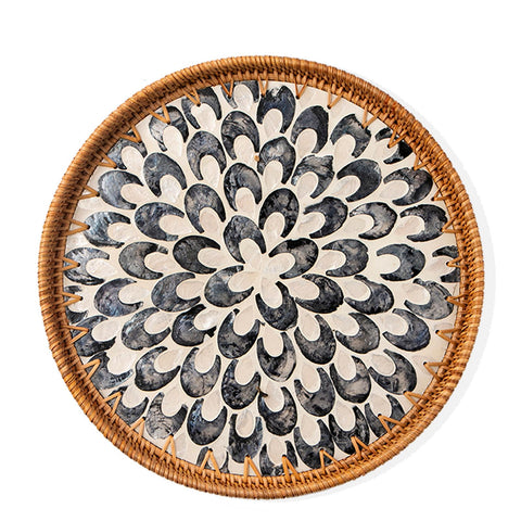 Aayoruro round rattan tray with mother of pearl inlay for elegant fruit and tea service.