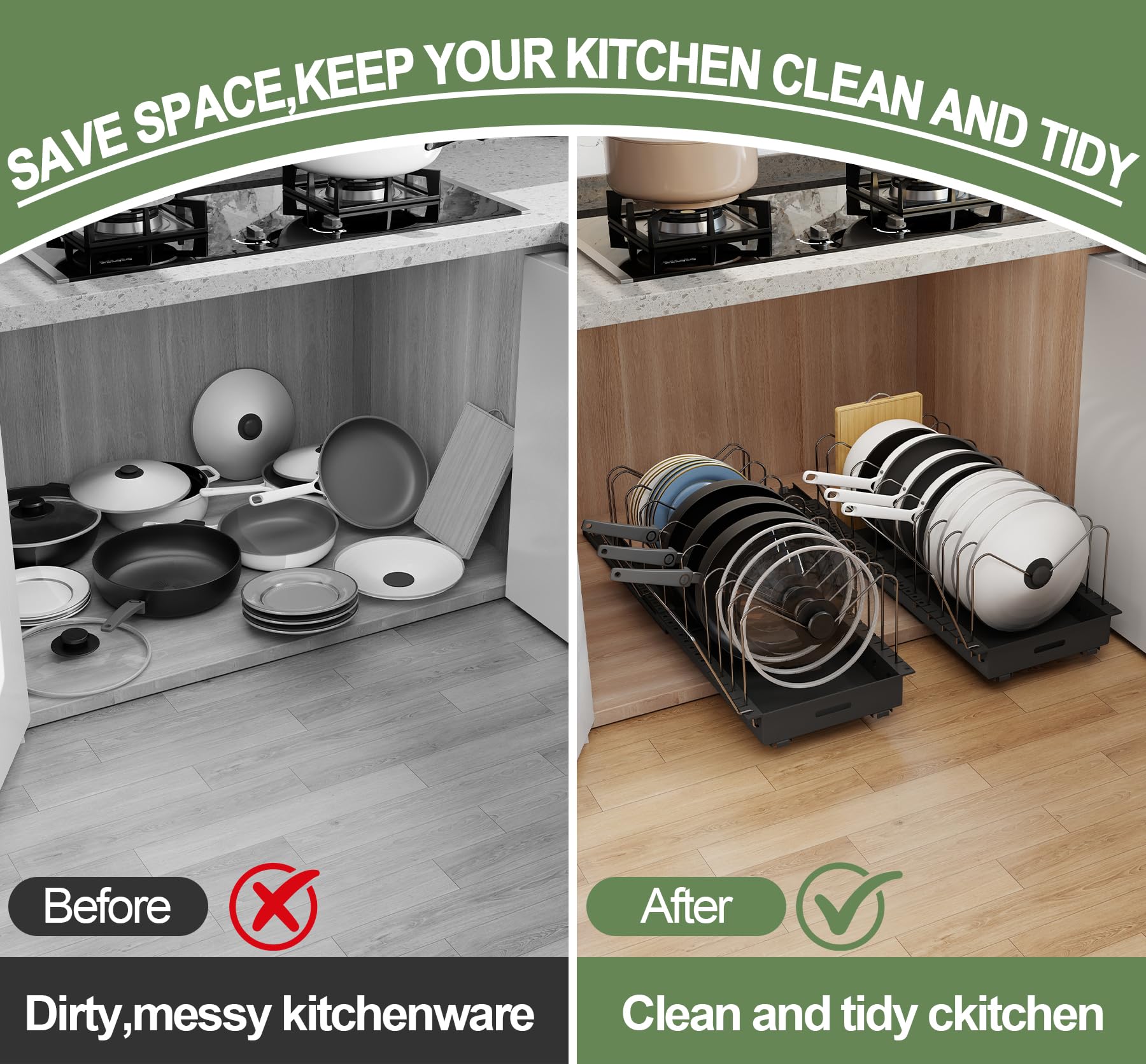 Abalter adjustable dividers organize lids and pans to fit various sizes.