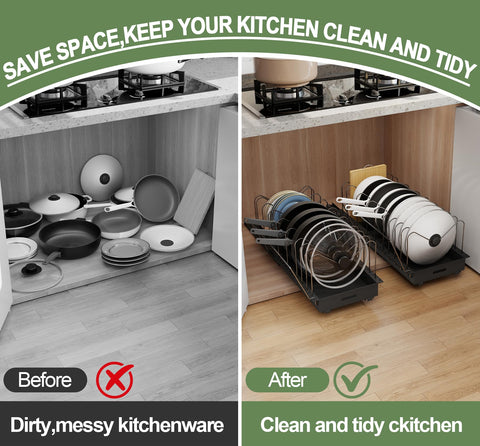 Abalter adjustable dividers organize lids and pans to fit various sizes.