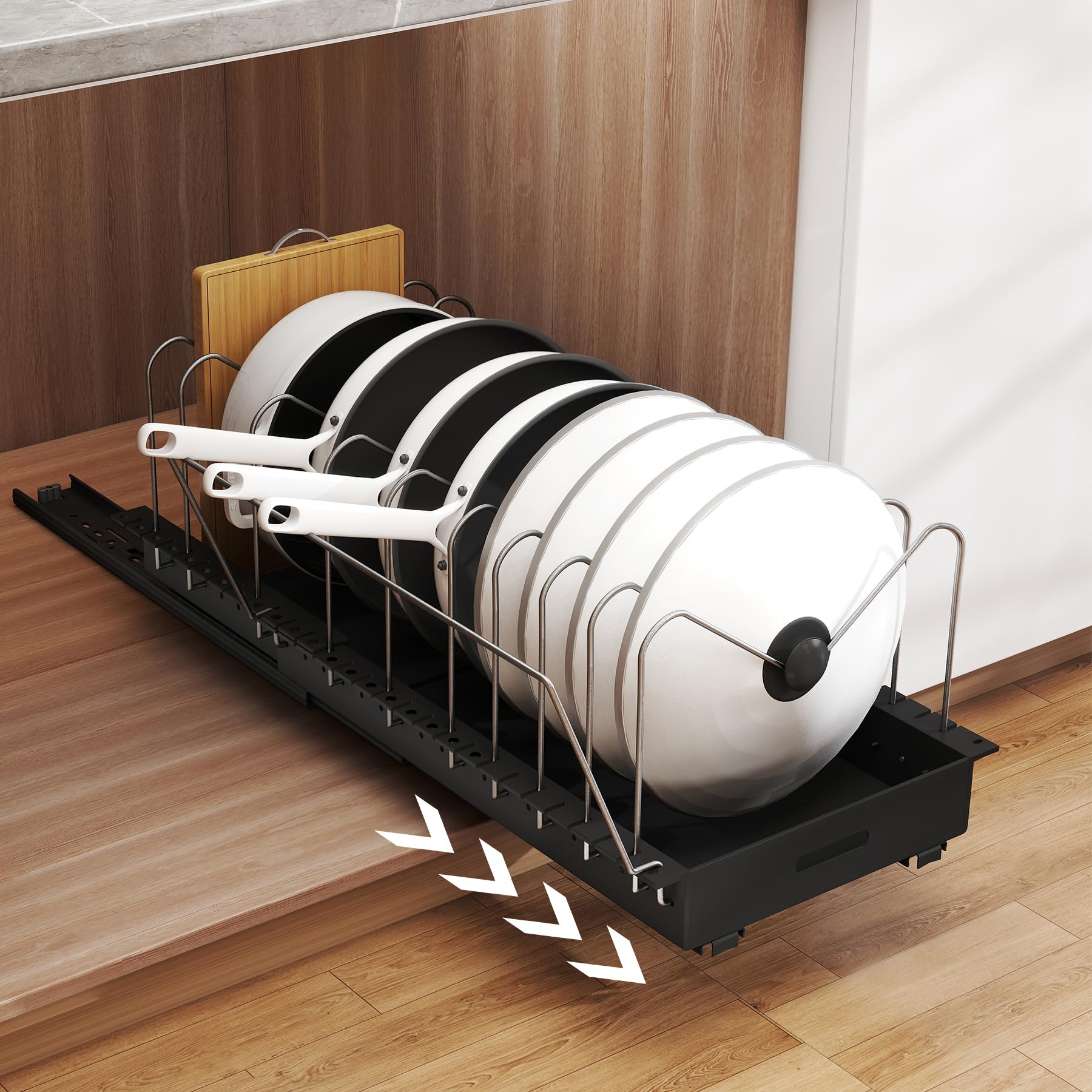 Abalter expandable pot organizer under cabinet with full extension for easy access.