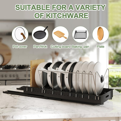 Abalter pull-out lid holder keeps lids organized and within reach.