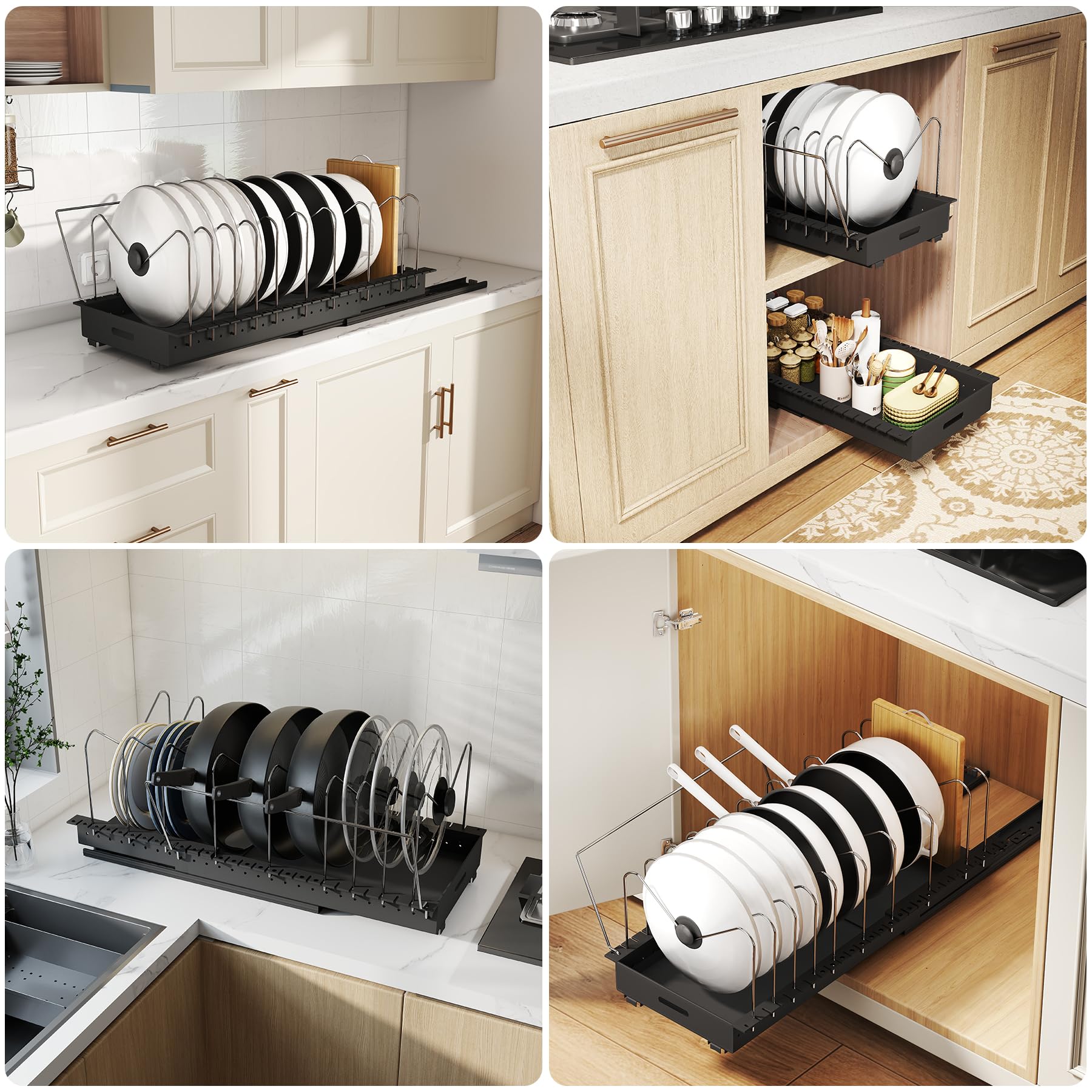 Abalter slide-out cookware organizer displays pans neatly for quick retrieval.