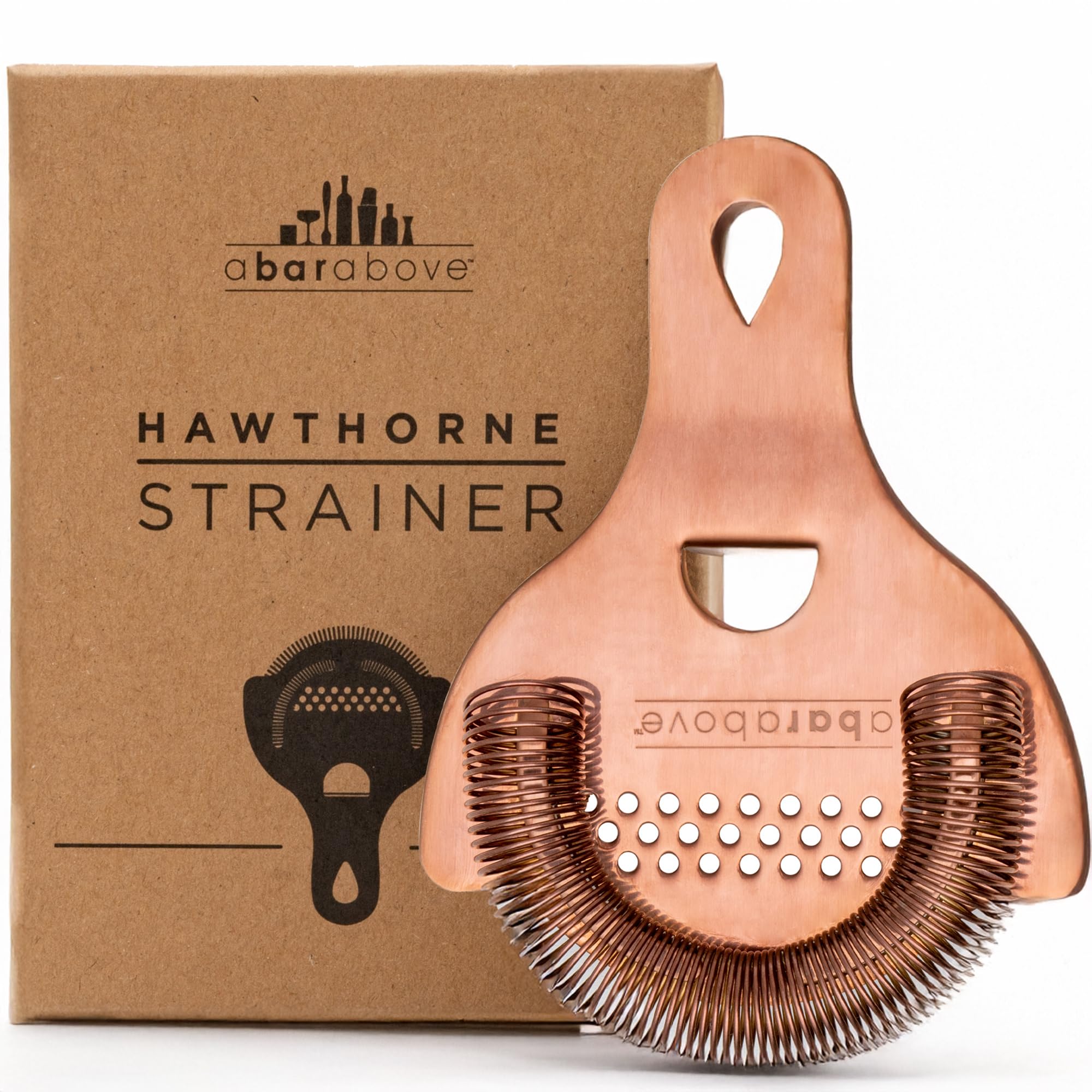 A Bar Above antique copper Hawthorne strainer with mirror finish for precise cocktail pouring.