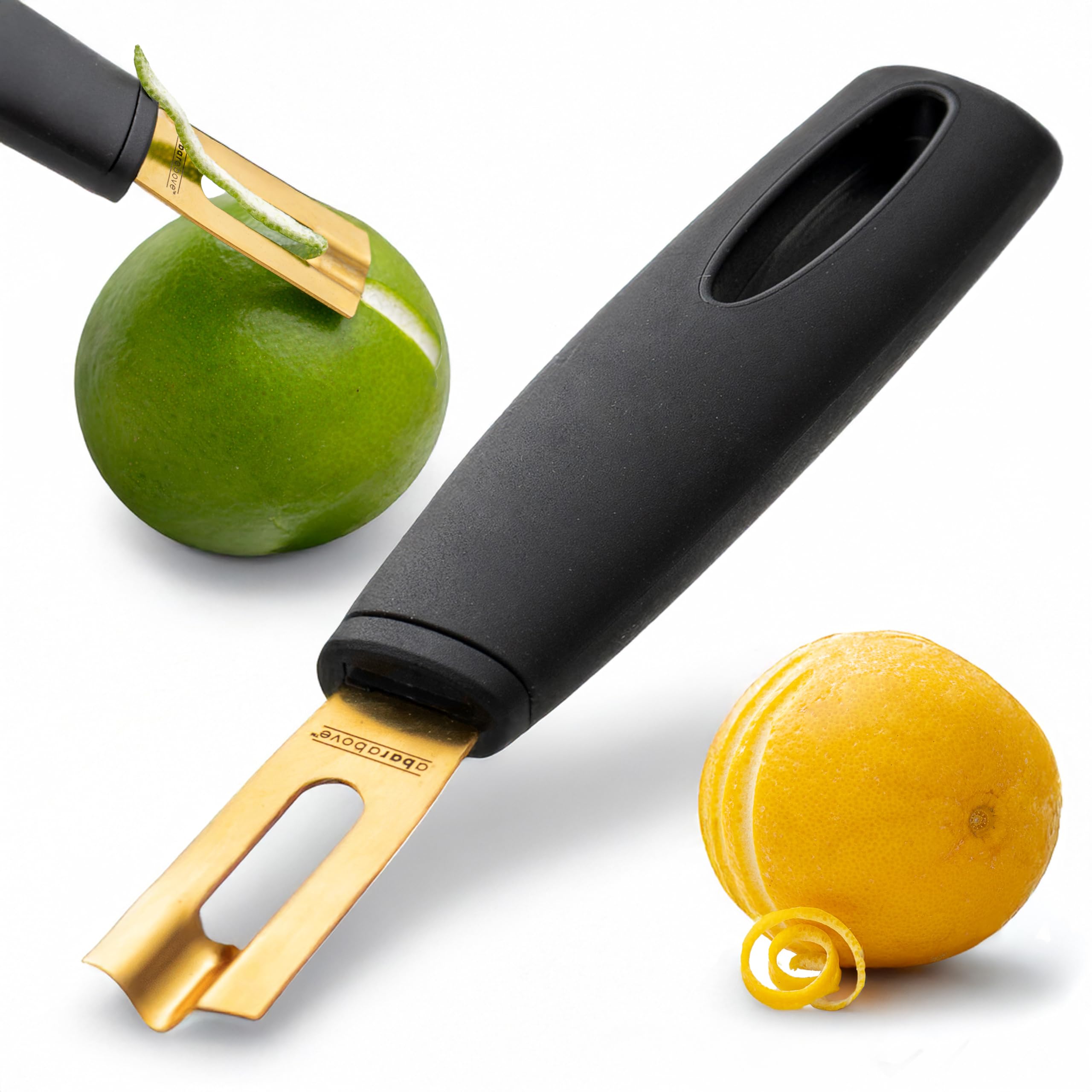 A Bar Above channel knife with black handle and gold blade for precise citrus garnishes.