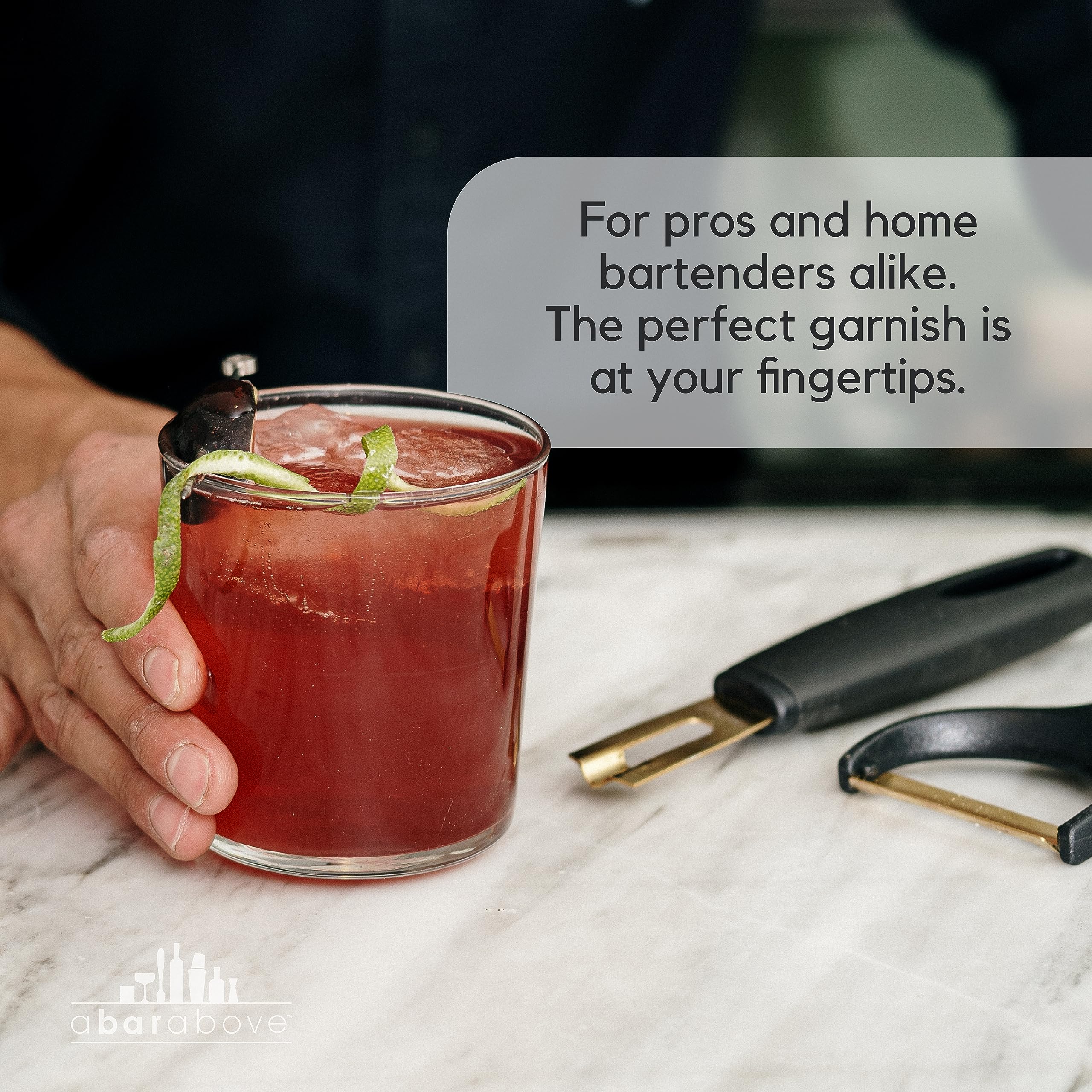 A Bar Above gold-plated blade glides through peels for ribbons and spirals.