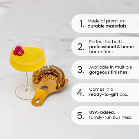 A Bar Above copper-coated stainless steel strainer combines durability and style.