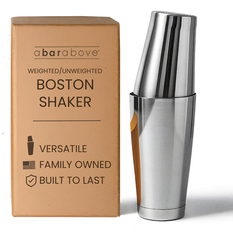 A Bar Above 18 oz weighted Boston shaker with a secure seal for leak-free shakes.