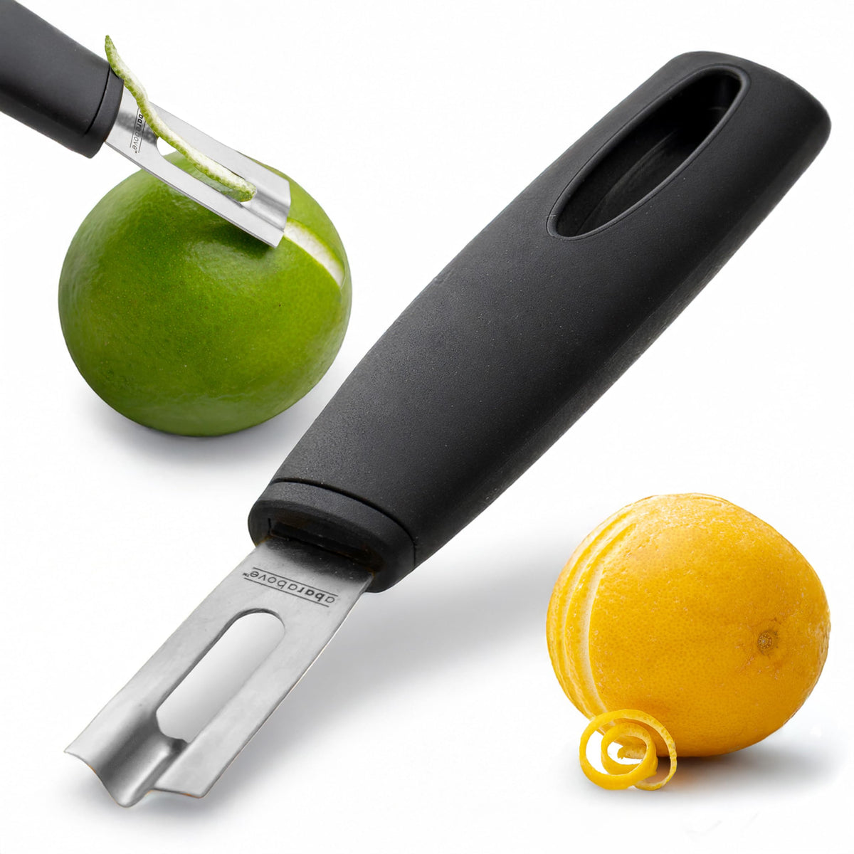 A Bar Above channel knife with black handle for precise citrus garnishes.