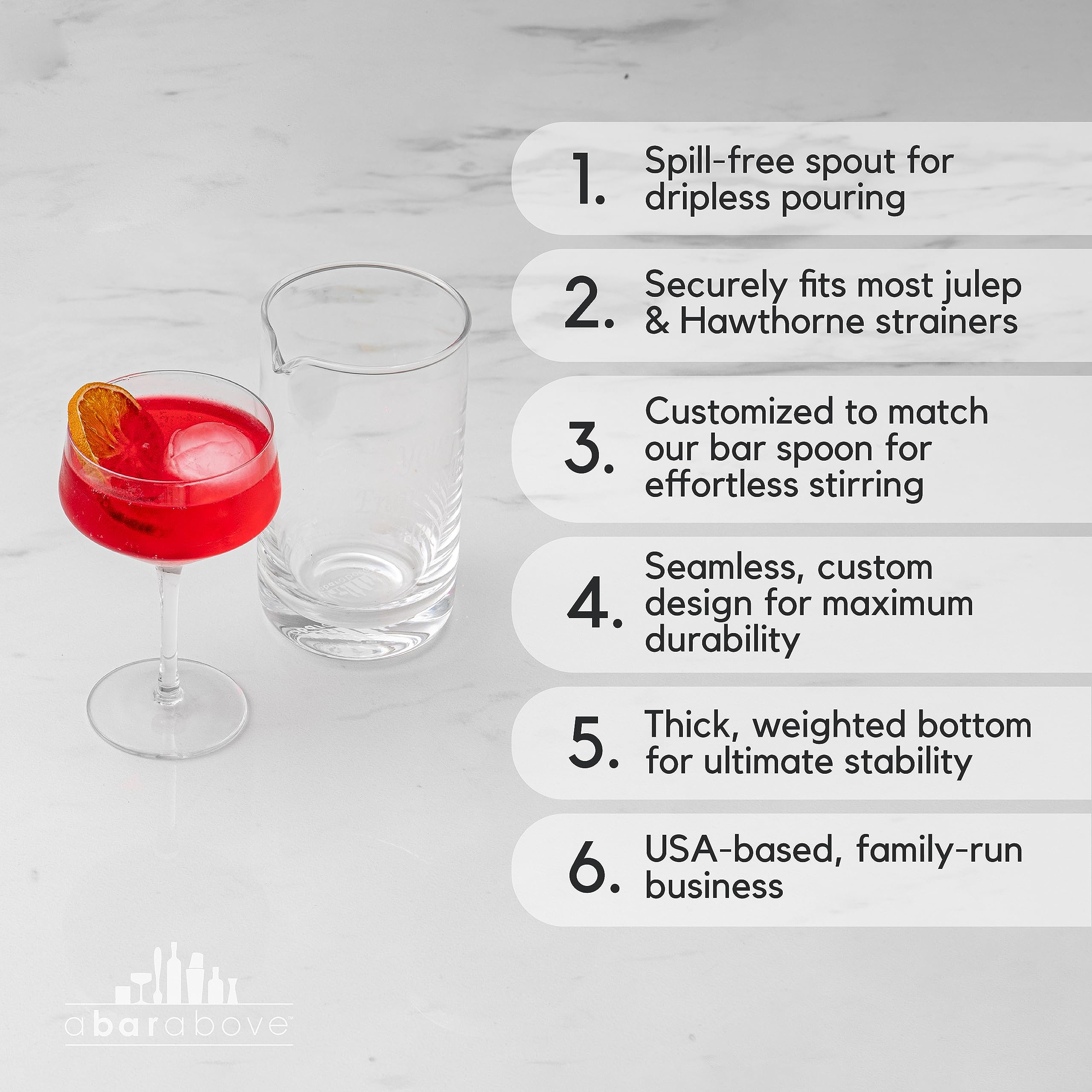 A Bar Above cocktail mixing glass curved interior promotes smoother stirring with less resistance.